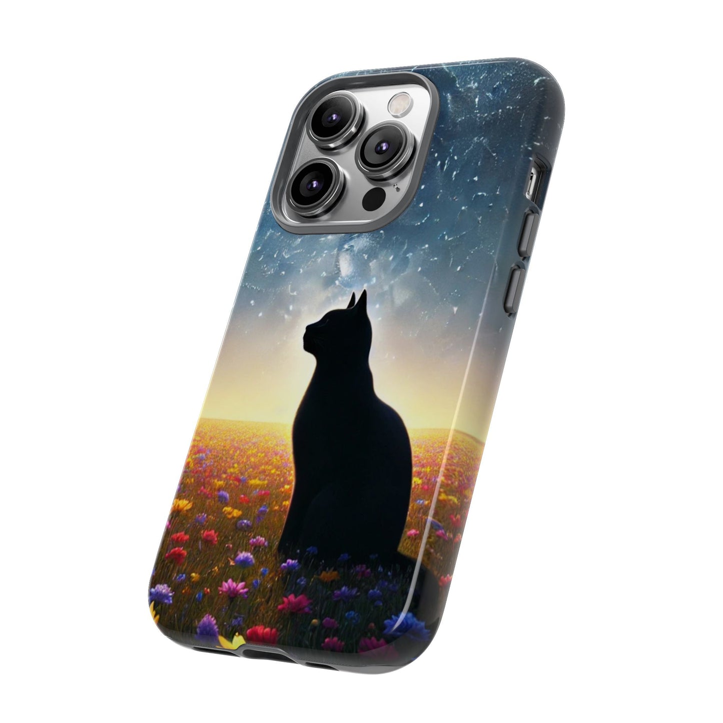 Cat Silhouette Phone Case | Floral Night Sky Design | Unique Gift, Cat Lover, Nature Lover, Birthday, Handmade