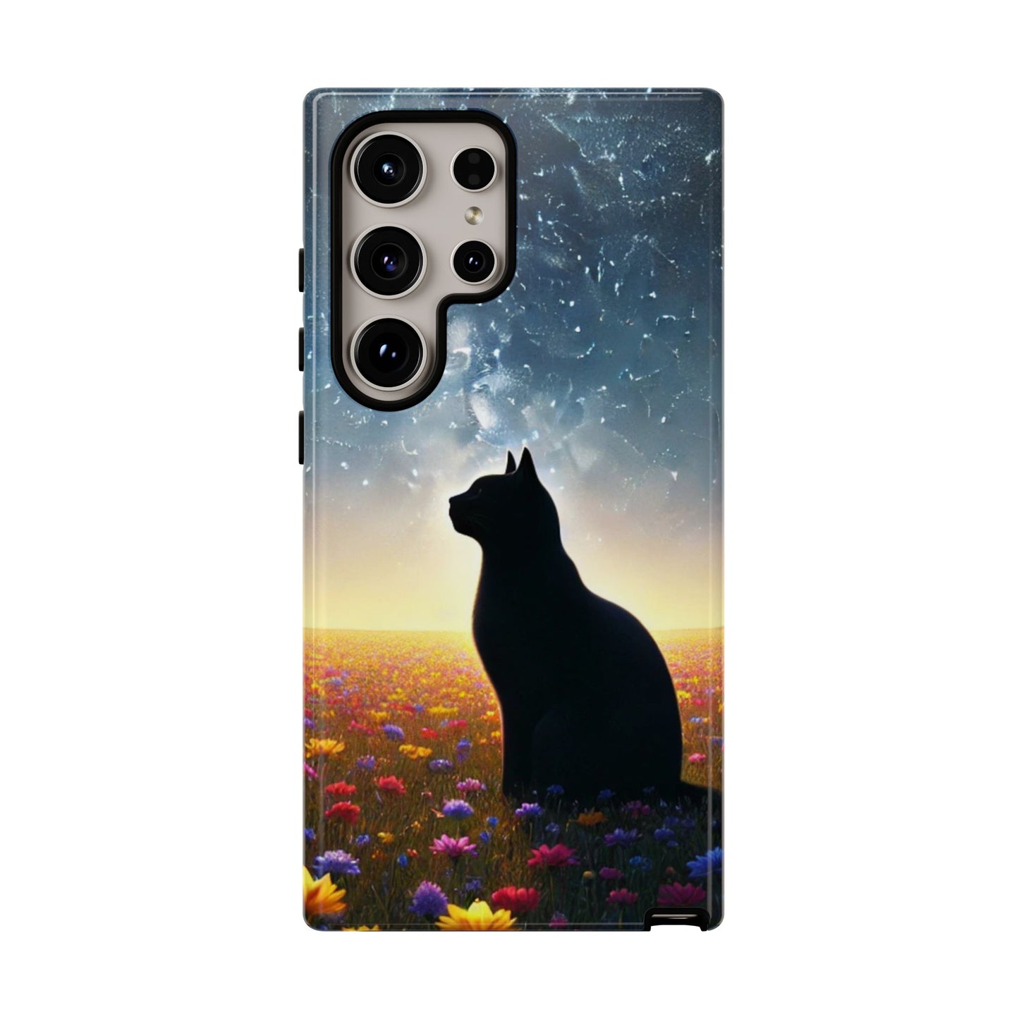 Cat Silhouette Phone Case | Floral Night Sky Design | Unique Gift, Cat Lover, Nature Lover, Birthday, Handmade