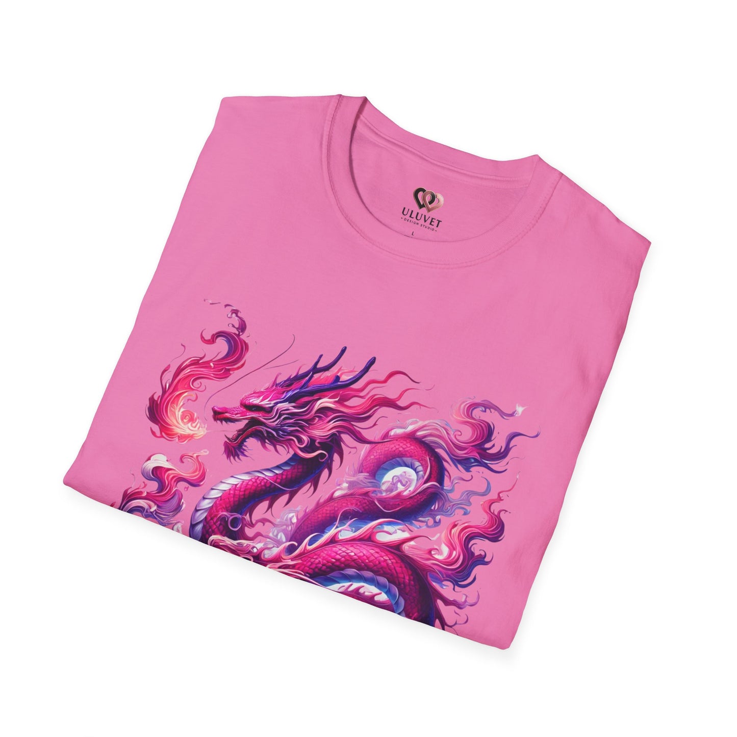 Pink Dragon Unisex Softstyle T-Shirt, Dragon Lover Tee, Mythical Creature Shirt, Fantasy Graphic Top, Cute Magical Animal Apparel