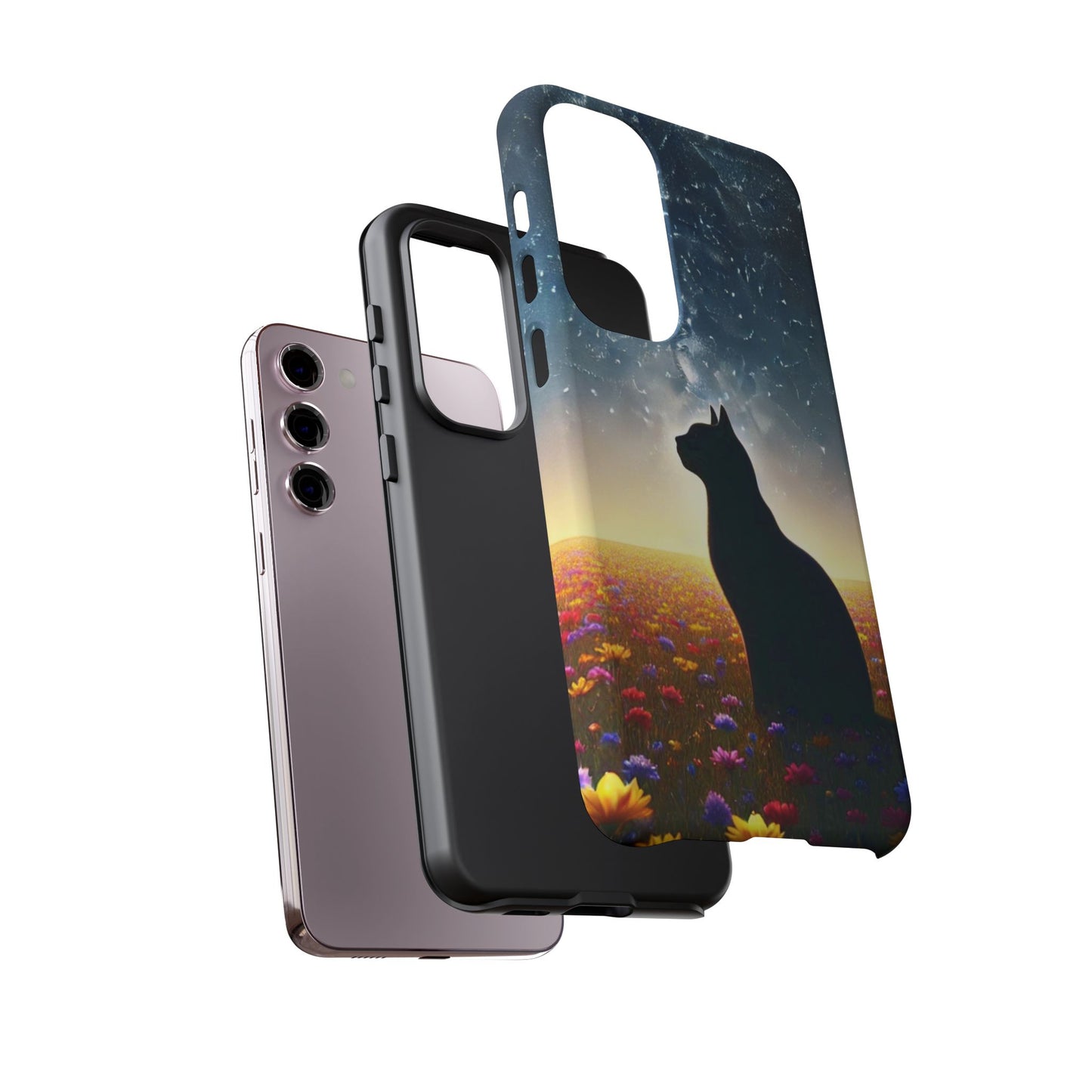 Cat Silhouette Phone Case | Floral Night Sky Design | Unique Gift, Cat Lover, Nature Lover, Birthday, Handmade