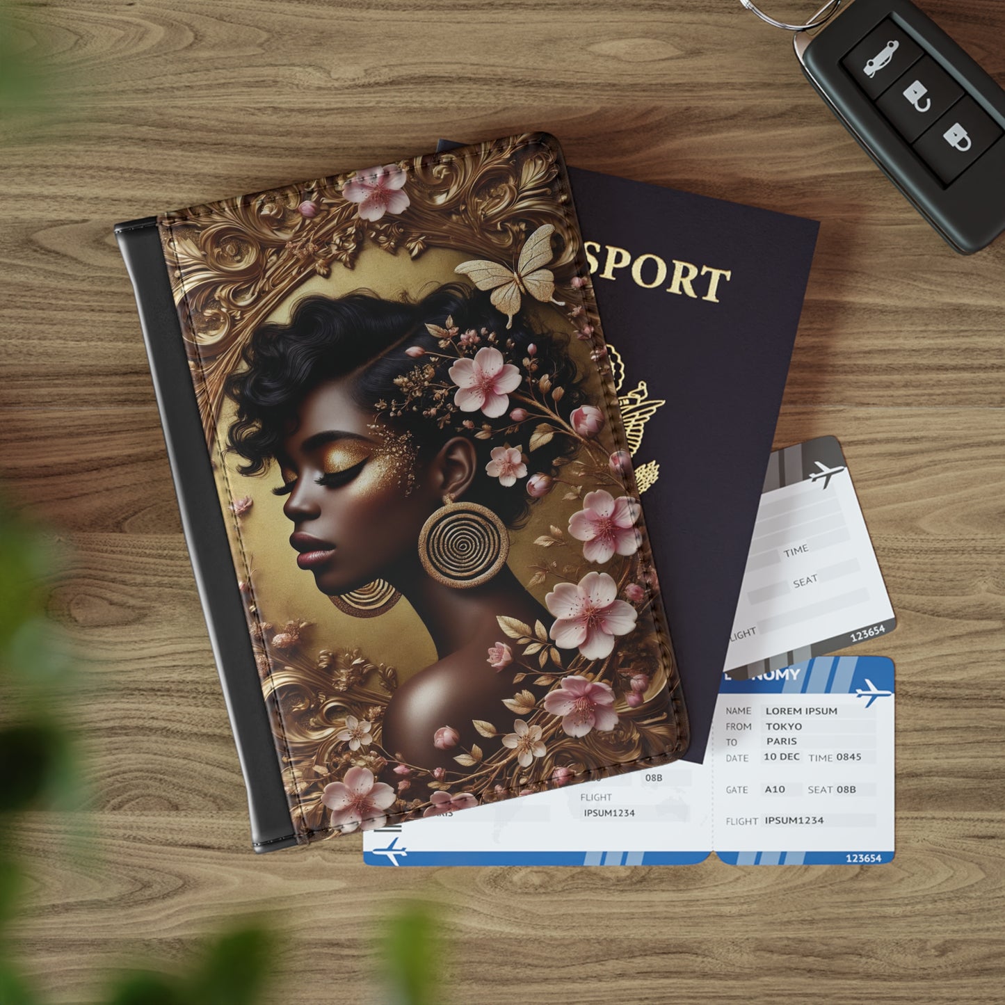 Afro Floral Portrait Passport Cover | Black Woman Profile, Gold Accents