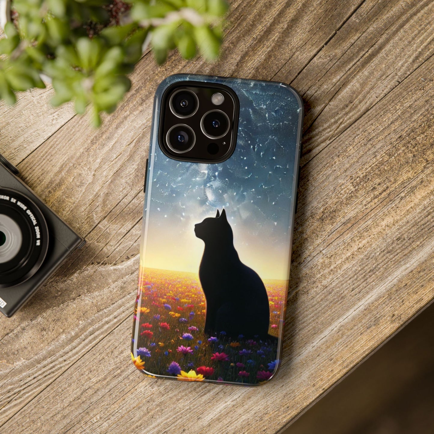 Cat Silhouette Phone Case | Floral Night Sky Design | Unique Gift, Cat Lover, Nature Lover, Birthday, Handmade