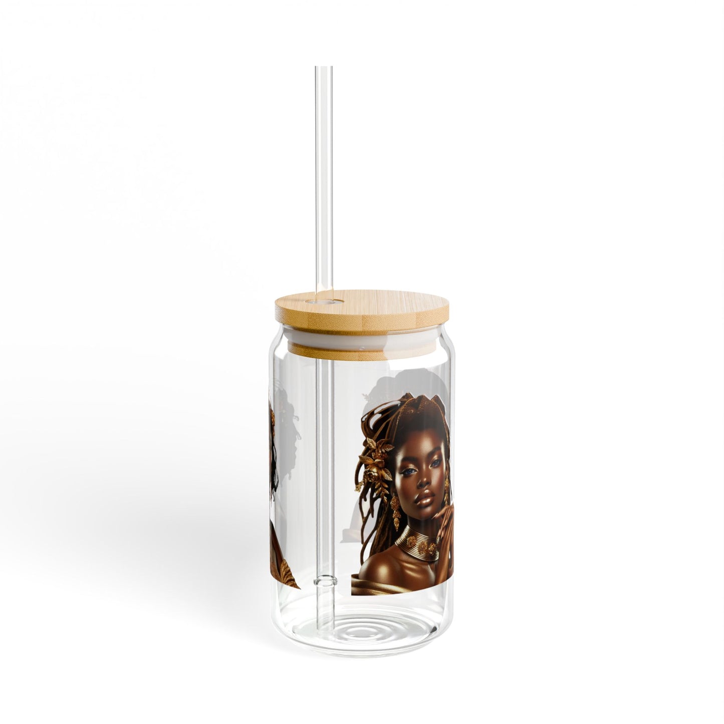 Elegant African Woman Sipper Glass, 16oz Drinkware, Stylish Water Bottle, Reusable Glass Jar, Unique Gift Idea, Ethnic Decor