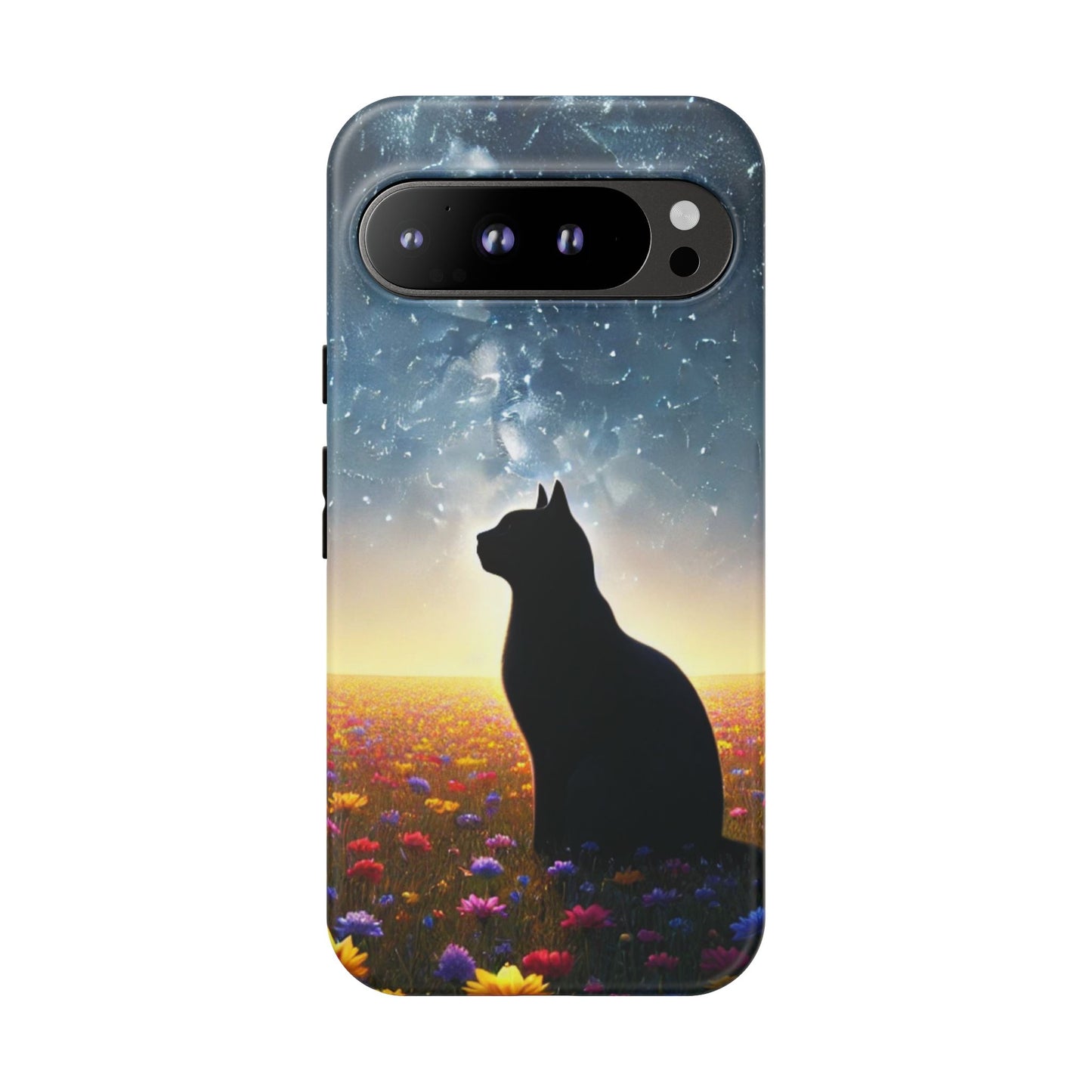 Cat Silhouette Phone Case | Floral Night Sky Design | Unique Gift, Cat Lover, Nature Lover, Birthday, Handmade