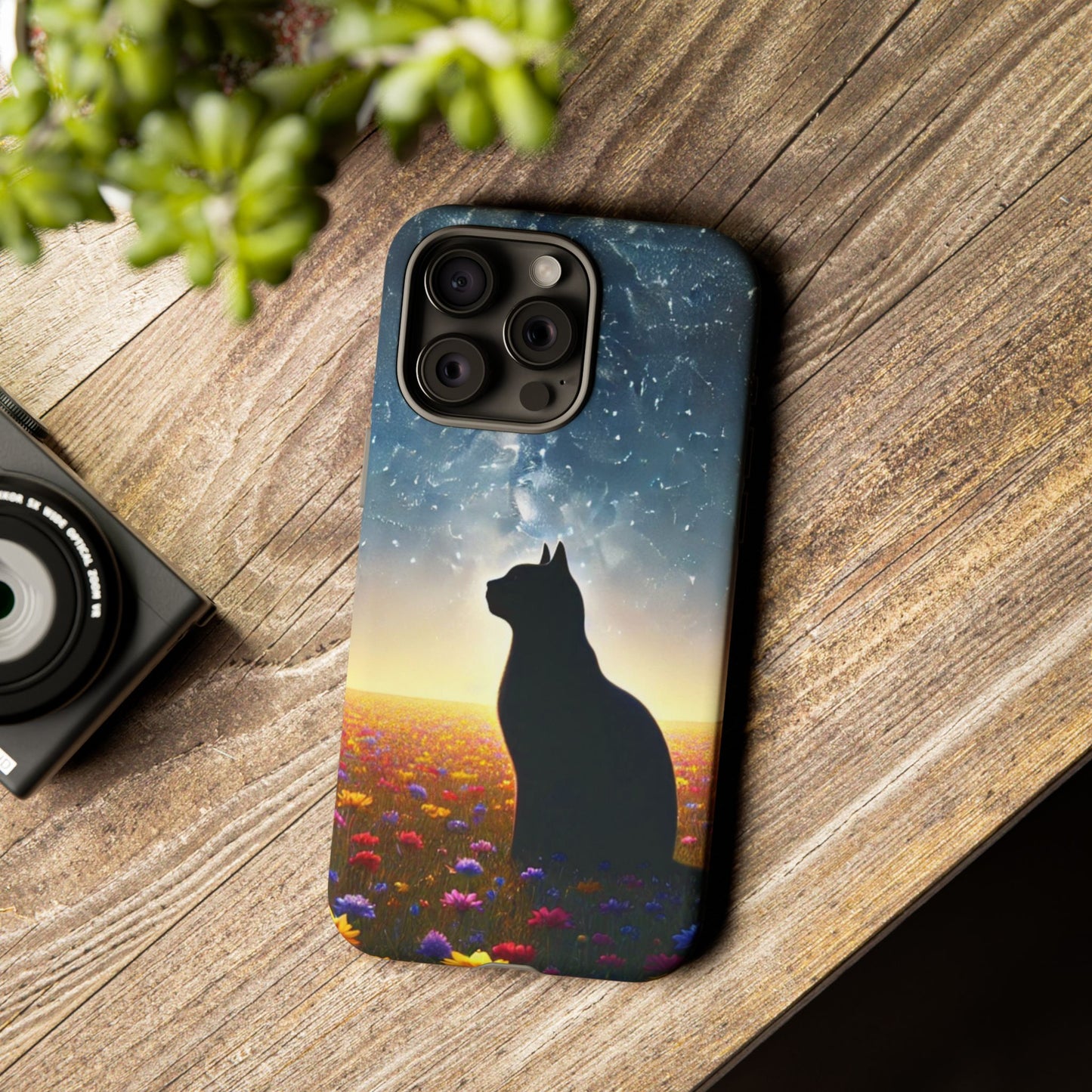 Cat Silhouette Phone Case | Floral Night Sky Design | Unique Gift, Cat Lover, Nature Lover, Birthday, Handmade