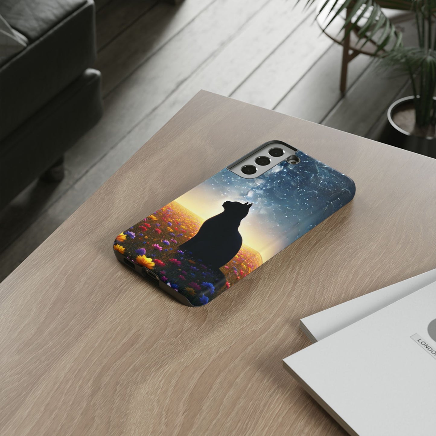 Cat Silhouette Phone Case | Floral Night Sky Design | Unique Gift, Cat Lover, Nature Lover, Birthday, Handmade