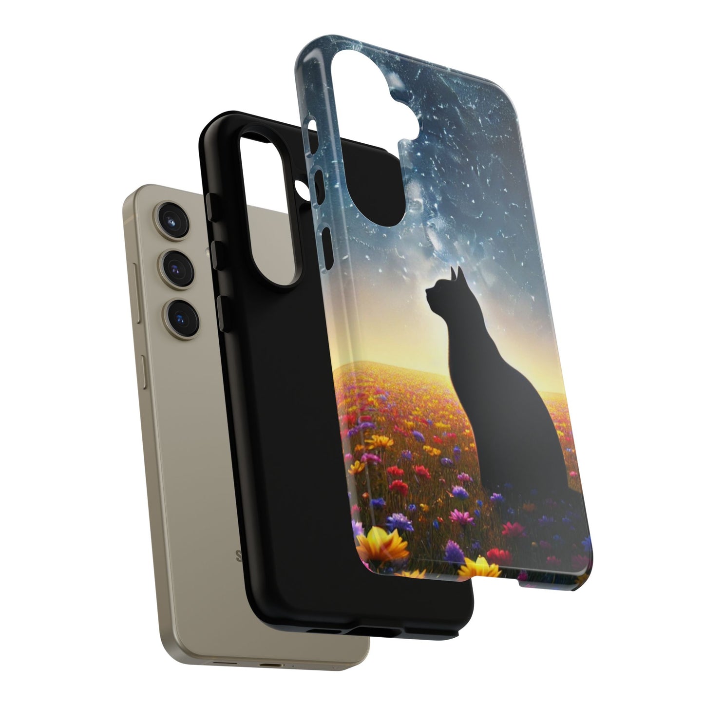 Cat Silhouette Phone Case | Floral Night Sky Design | Unique Gift, Cat Lover, Nature Lover, Birthday, Handmade