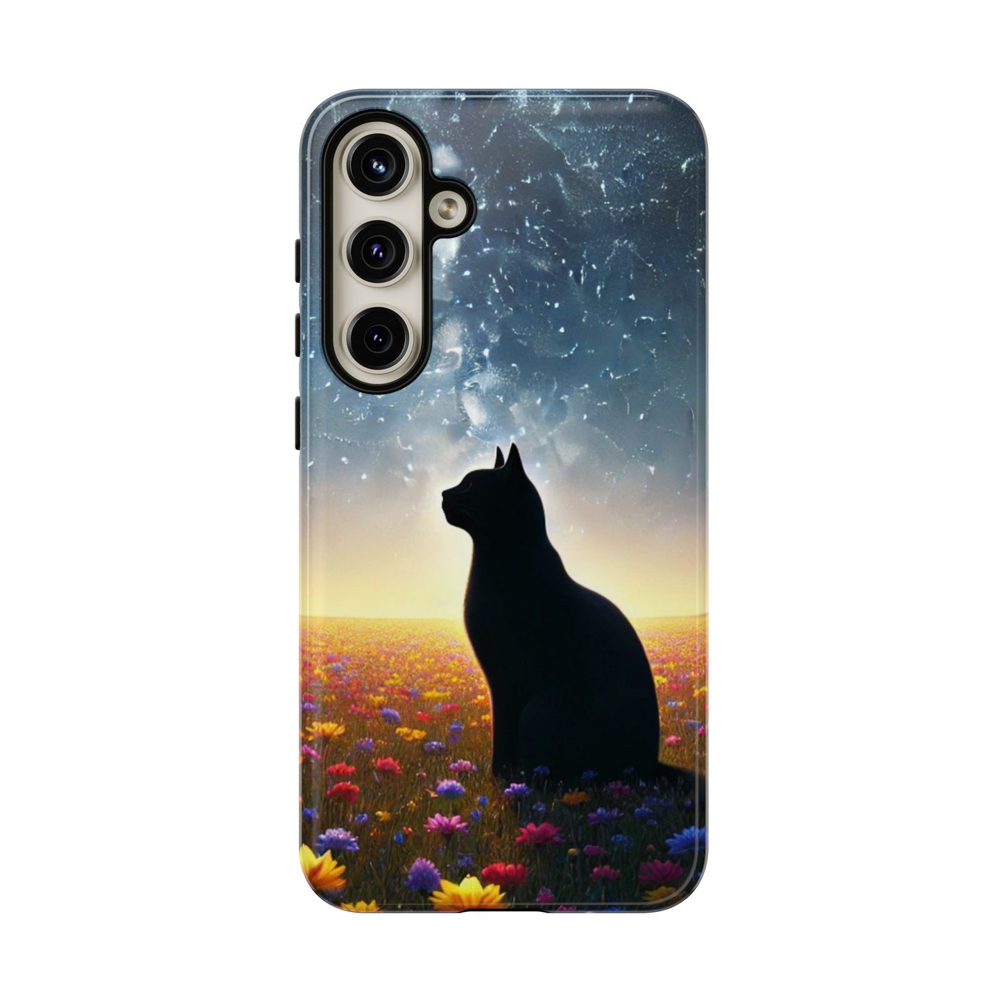 Cat Silhouette Phone Case | Floral Night Sky Design | Unique Gift, Cat Lover, Nature Lover, Birthday, Handmade