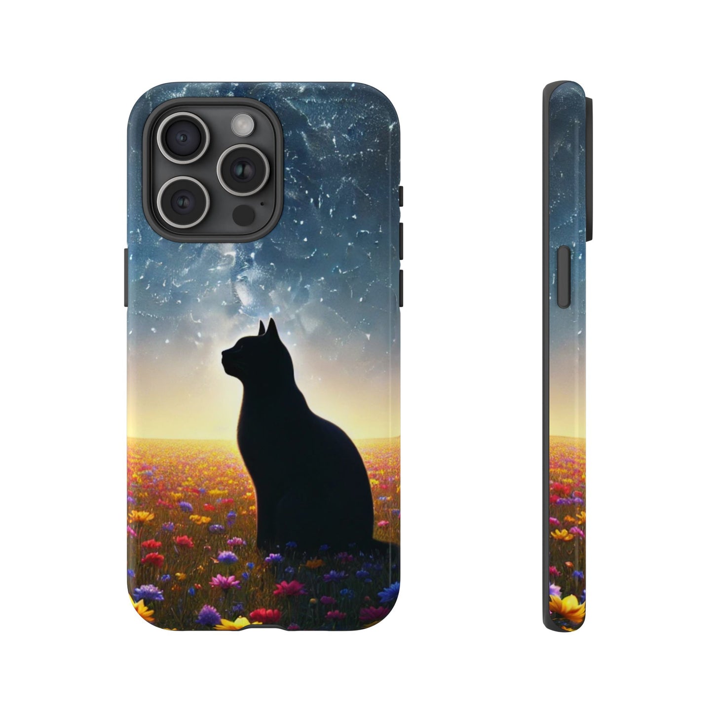 Cat Silhouette Phone Case | Floral Night Sky Design | Unique Gift, Cat Lover, Nature Lover, Birthday, Handmade