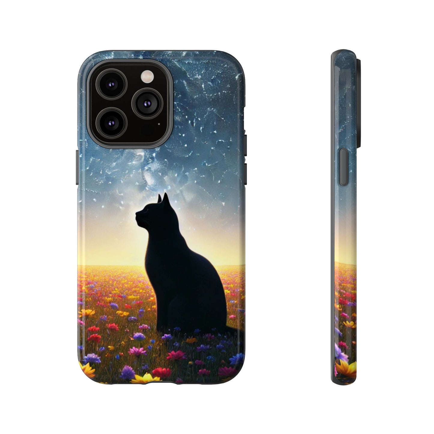 Cat Silhouette Phone Case | Floral Night Sky Design | Unique Gift, Cat Lover, Nature Lover, Birthday, Handmade
