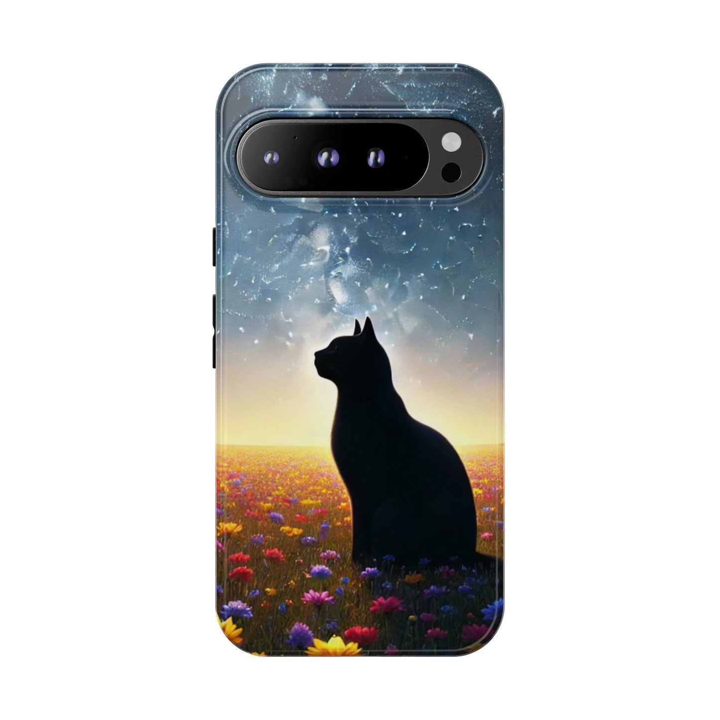 Cat Silhouette Phone Case | Floral Night Sky Design | Unique Gift, Cat Lover, Nature Lover, Birthday, Handmade
