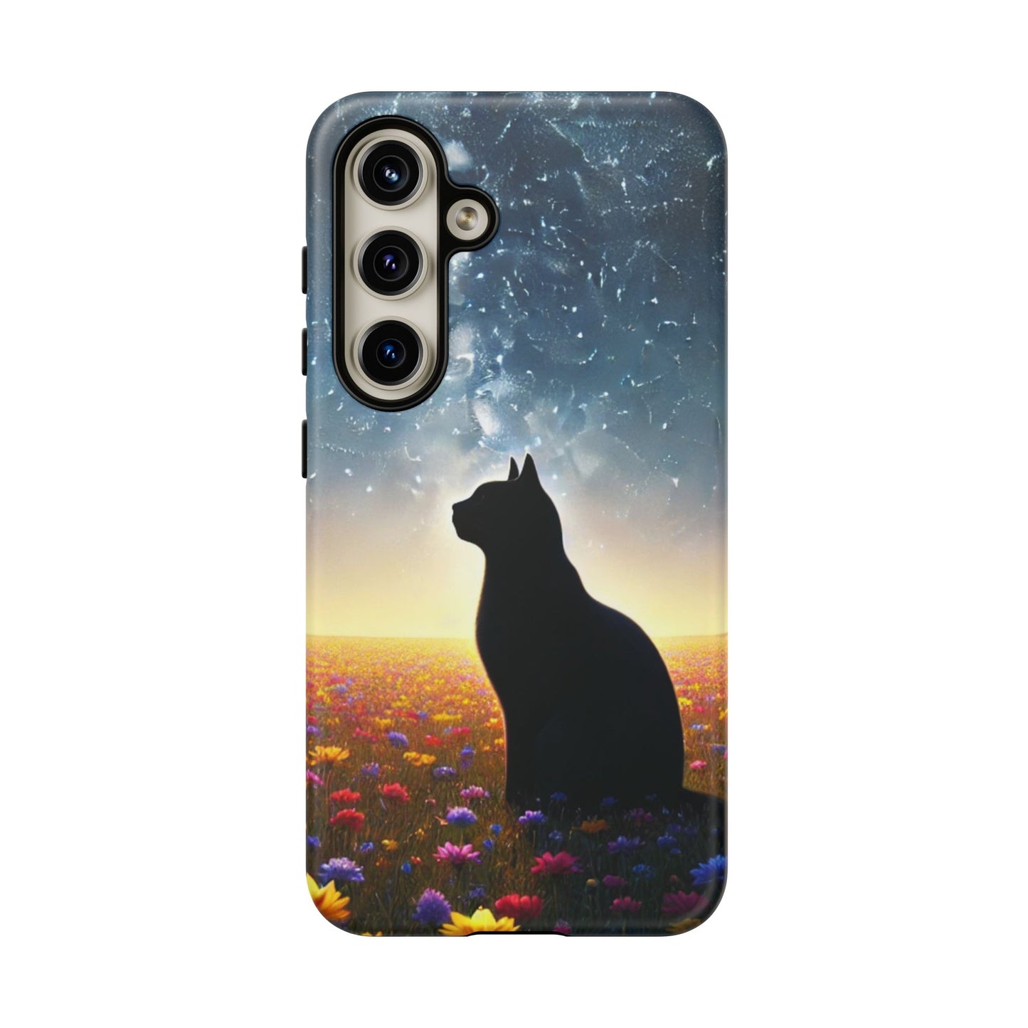 Cat Silhouette Phone Case | Floral Night Sky Design | Unique Gift, Cat Lover, Nature Lover, Birthday, Handmade