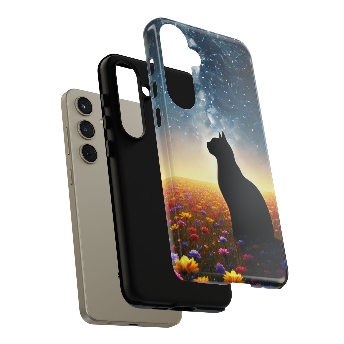 Cat Silhouette Phone Case | Floral Night Sky Design | Unique Gift, Cat Lover, Nature Lover, Birthday, Handmade