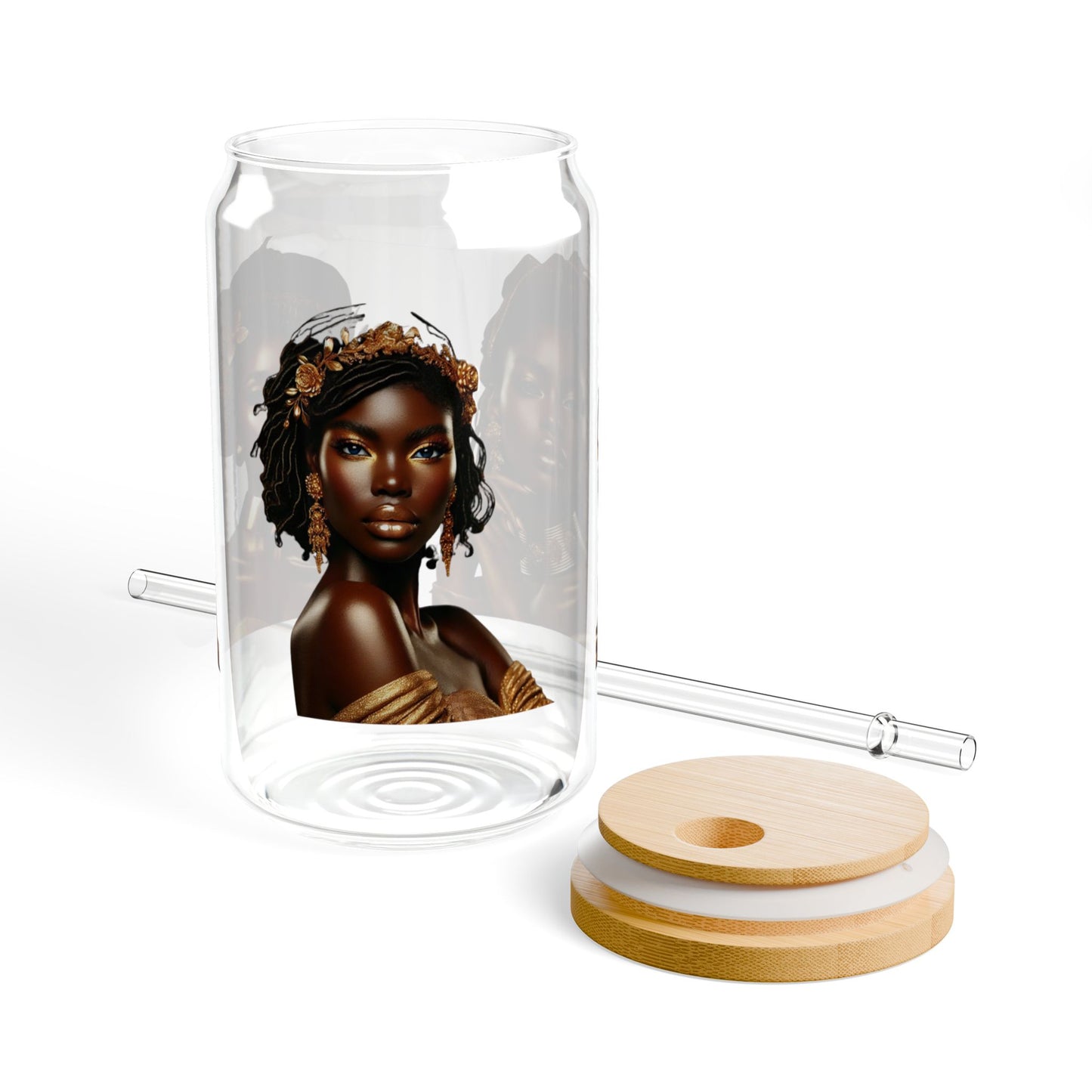 Elegant African Woman Sipper Glass, 16oz Drinkware, Stylish Water Bottle, Reusable Glass Jar, Unique Gift Idea, Ethnic Decor