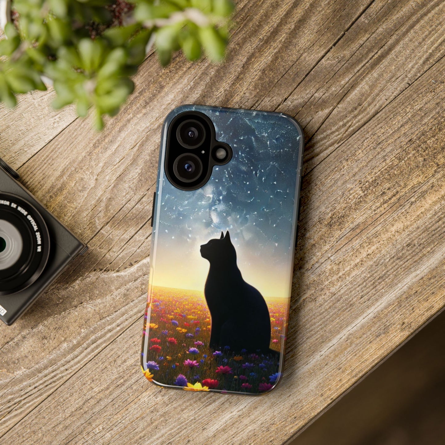 Cat Silhouette Phone Case | Floral Night Sky Design | Unique Gift, Cat Lover, Nature Lover, Birthday, Handmade