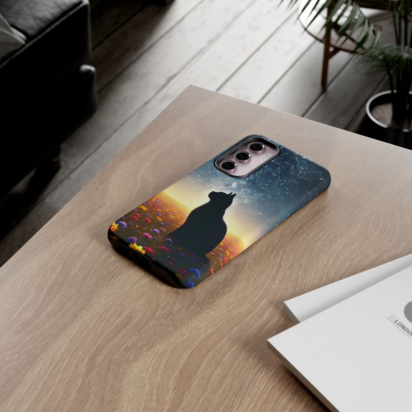 Cat Silhouette Phone Case | Floral Night Sky Design | Unique Gift, Cat Lover, Nature Lover, Birthday, Handmade