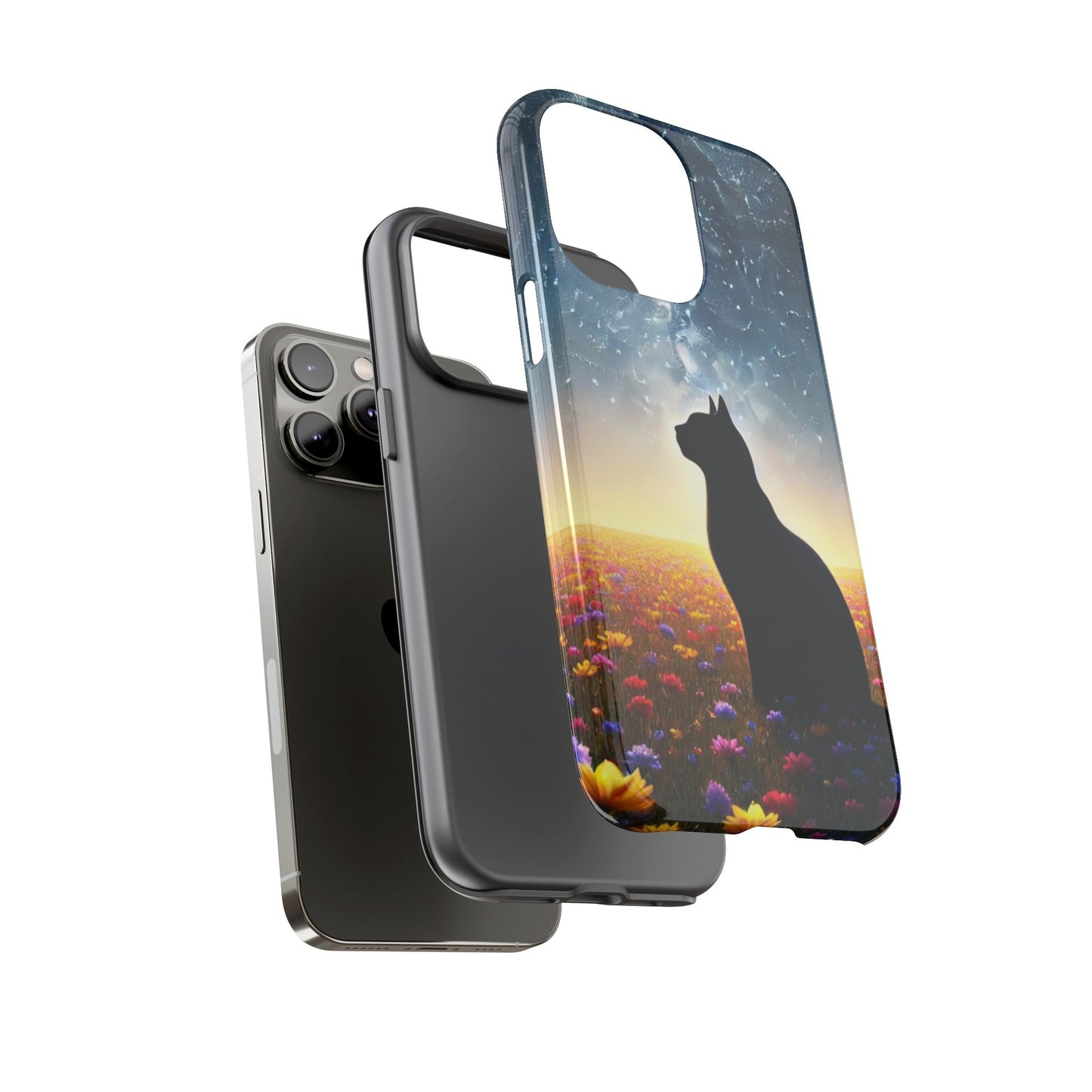Cat Silhouette Phone Case | Floral Night Sky Design | Unique Gift, Cat Lover, Nature Lover, Birthday, Handmade