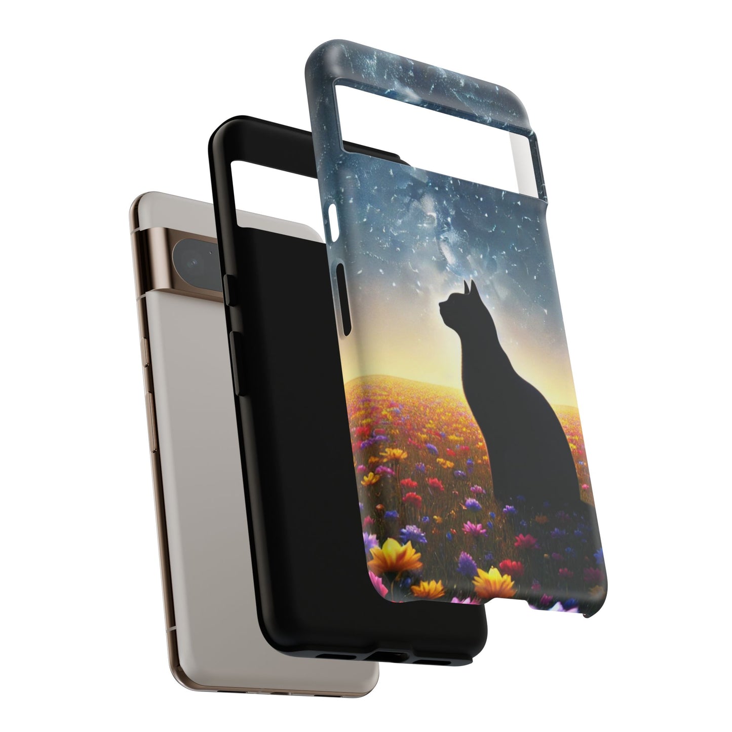 Cat Silhouette Phone Case | Floral Night Sky Design | Unique Gift, Cat Lover, Nature Lover, Birthday, Handmade