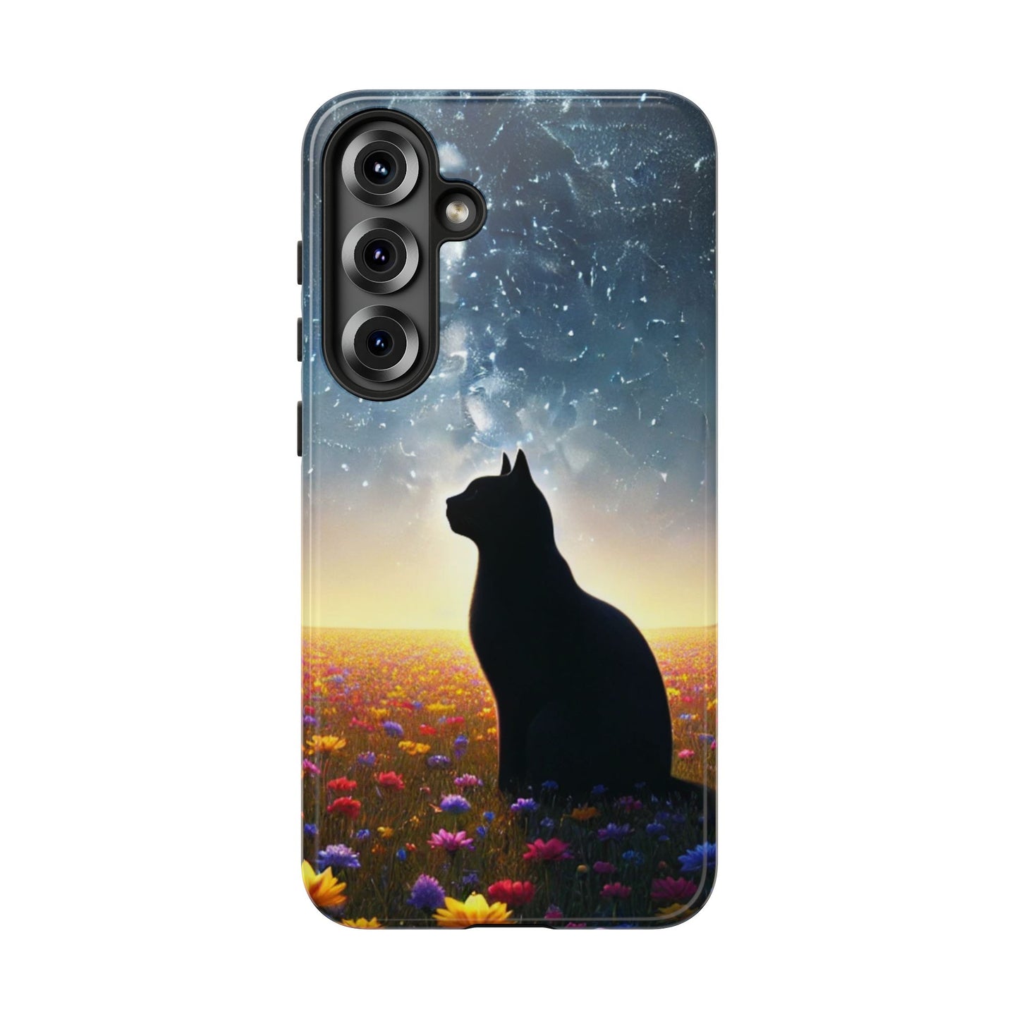 Cat Silhouette Phone Case | Floral Night Sky Design | Unique Gift, Cat Lover, Nature Lover, Birthday, Handmade