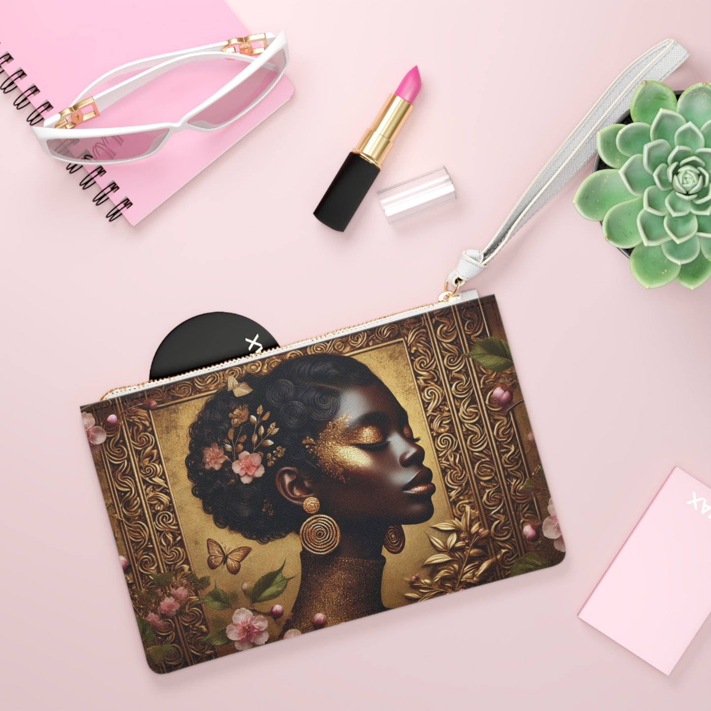 Golden Profile Afro Woman Clutch Bag | Floral Baroque Portrait