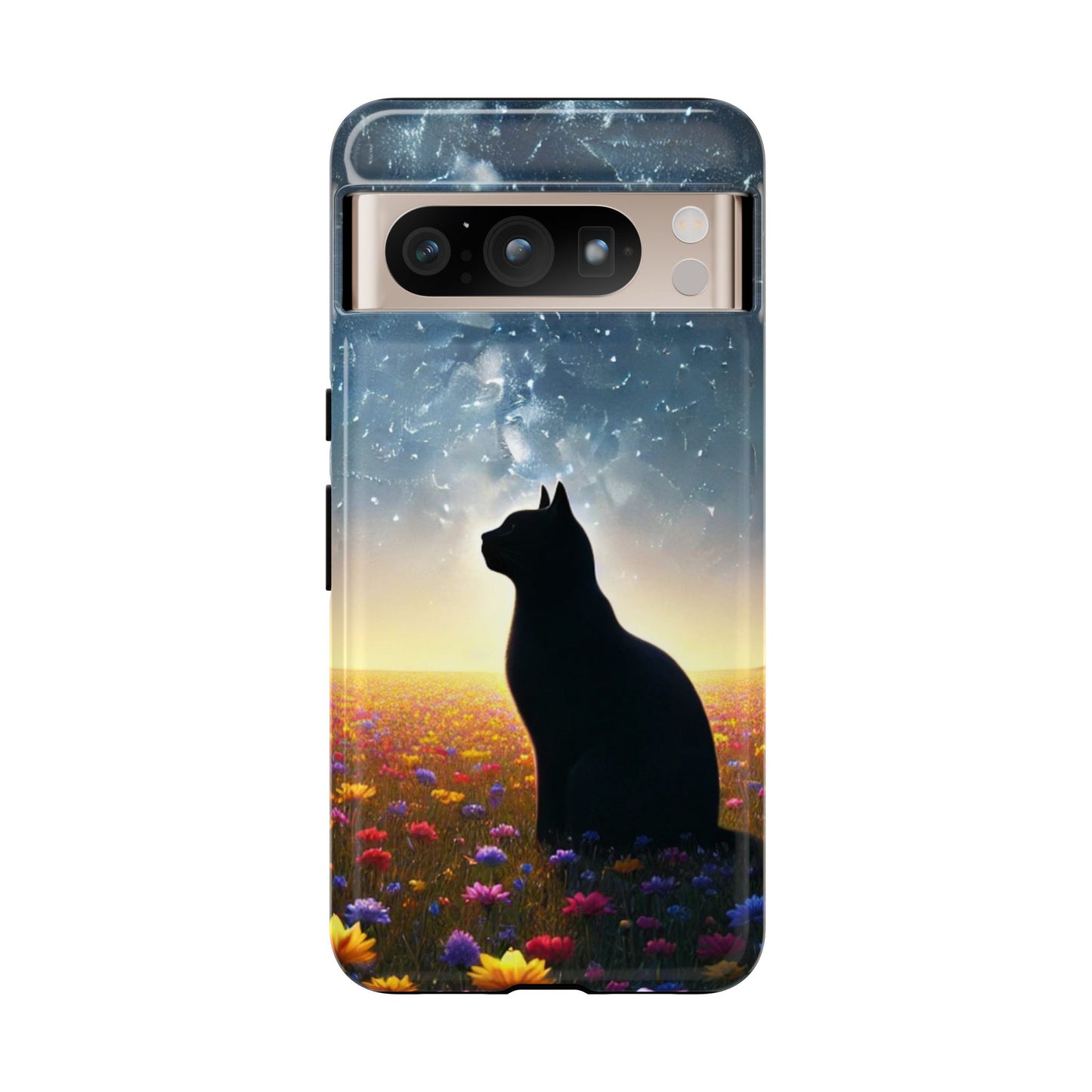 Cat Silhouette Phone Case | Floral Night Sky Design | Unique Gift, Cat Lover, Nature Lover, Birthday, Handmade