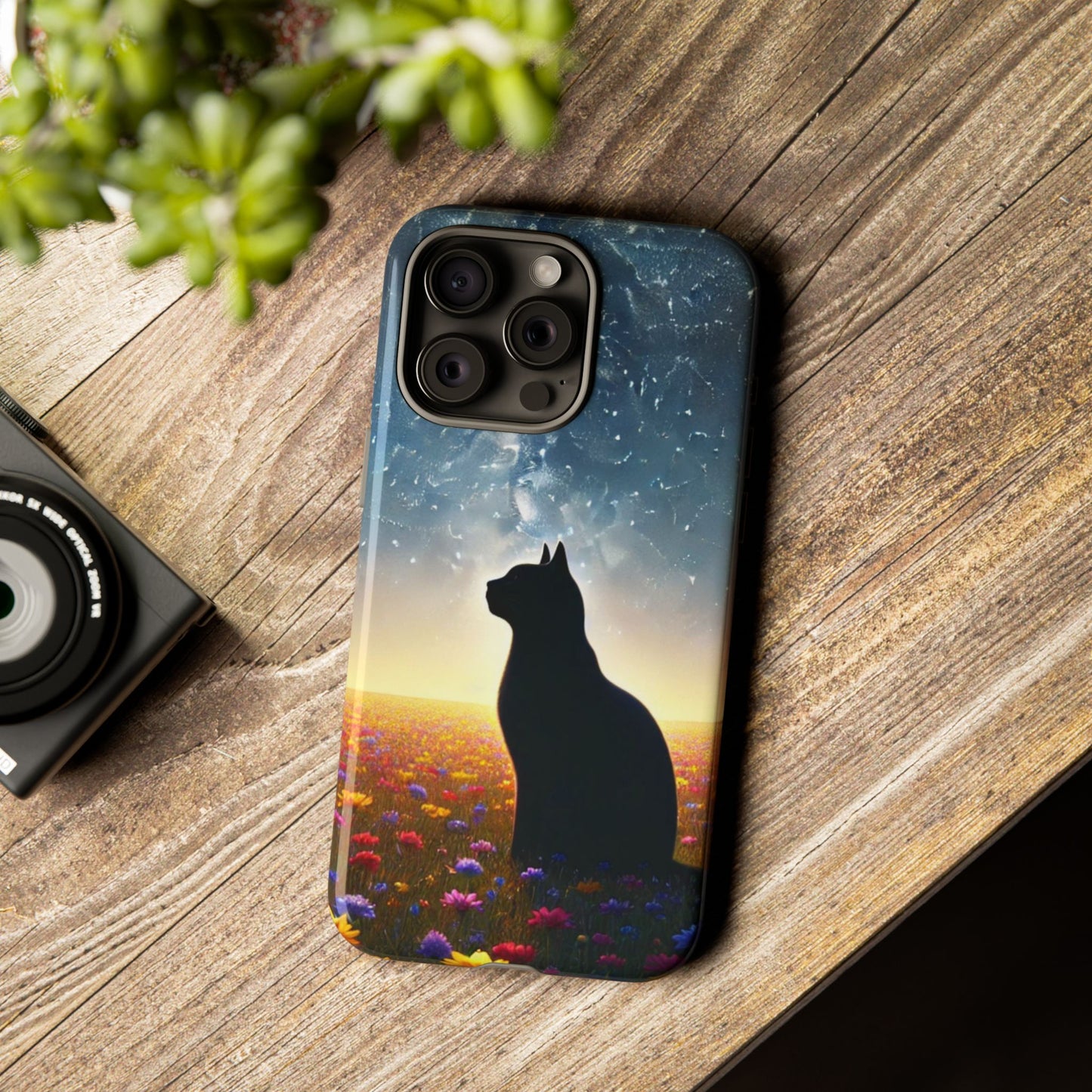 Cat Silhouette Phone Case | Floral Night Sky Design | Unique Gift, Cat Lover, Nature Lover, Birthday, Handmade