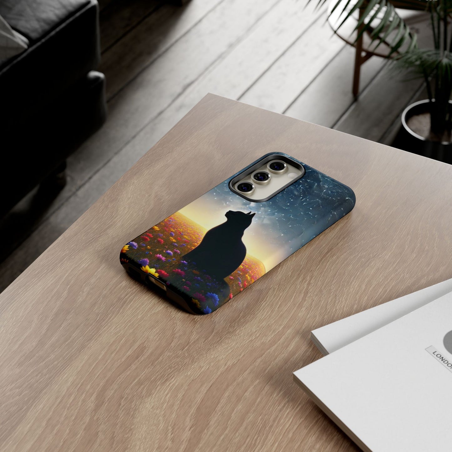 Cat Silhouette Phone Case | Floral Night Sky Design | Unique Gift, Cat Lover, Nature Lover, Birthday, Handmade