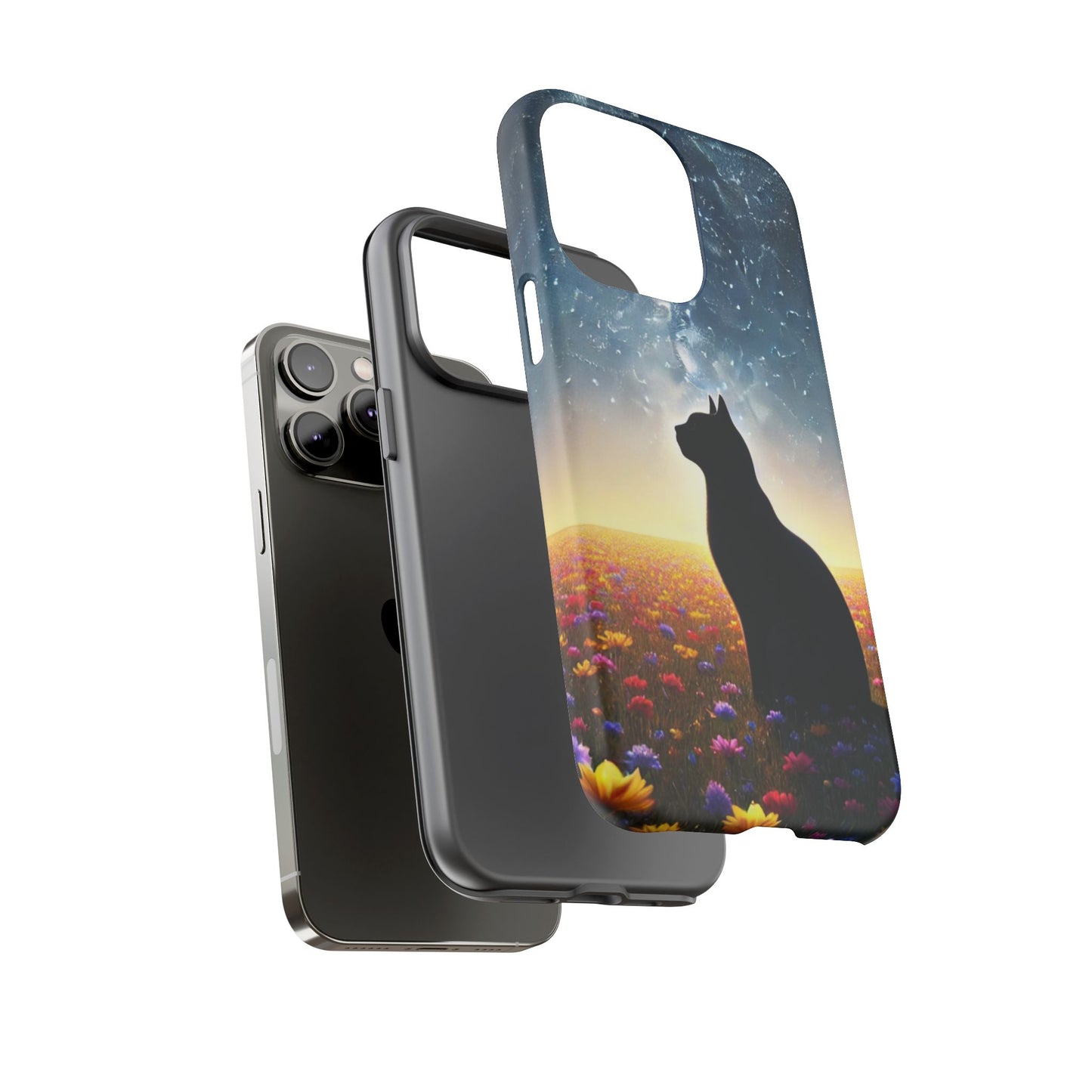 Cat Silhouette Phone Case | Floral Night Sky Design | Unique Gift, Cat Lover, Nature Lover, Birthday, Handmade