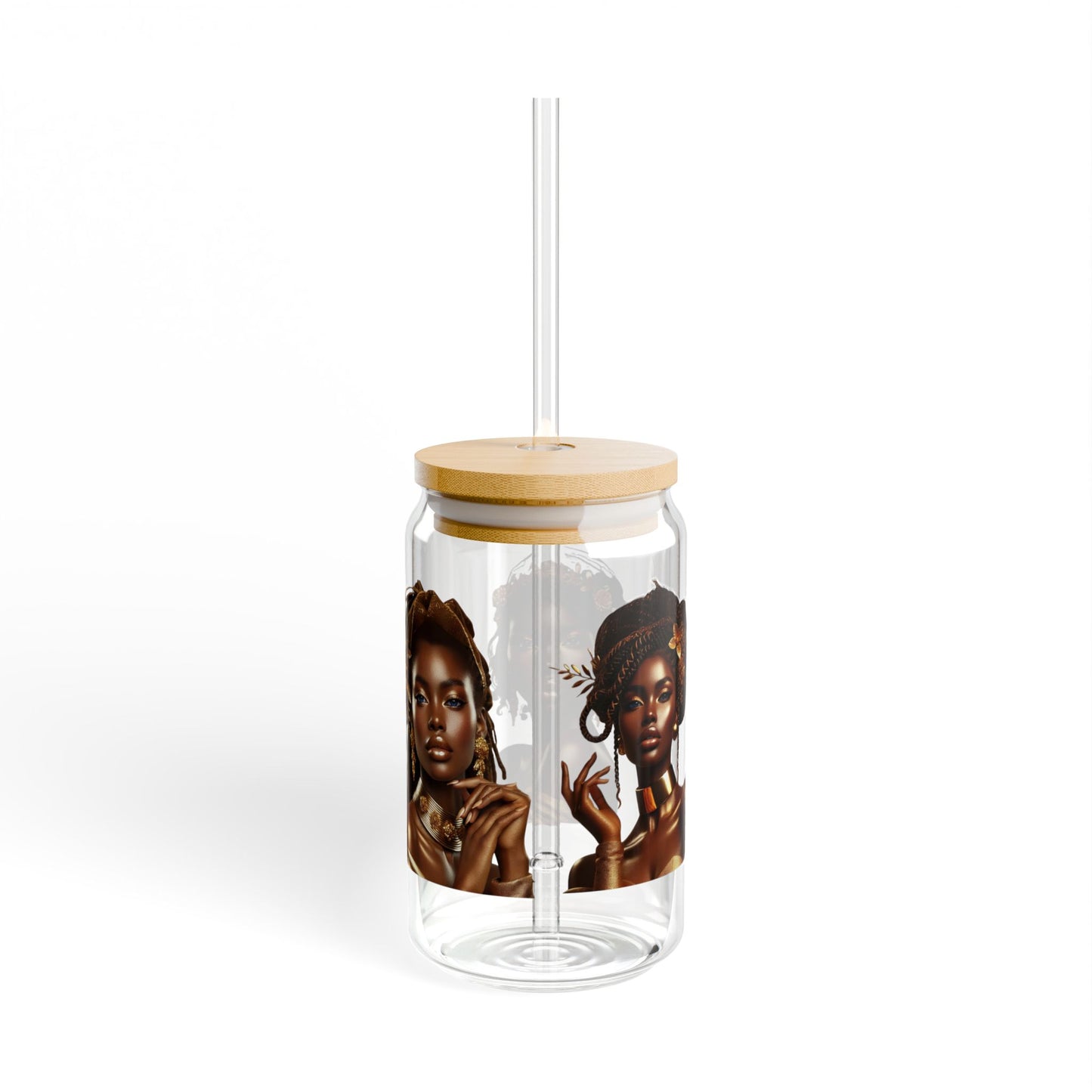 Elegant African Woman Sipper Glass, 16oz Drinkware, Stylish Water Bottle, Reusable Glass Jar, Unique Gift Idea, Ethnic Decor