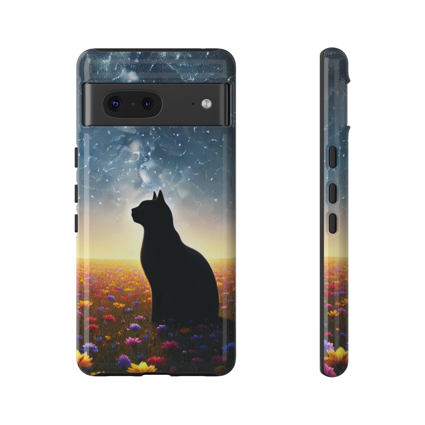 Cat Silhouette Phone Case | Floral Night Sky Design | Unique Gift, Cat Lover, Nature Lover, Birthday, Handmade