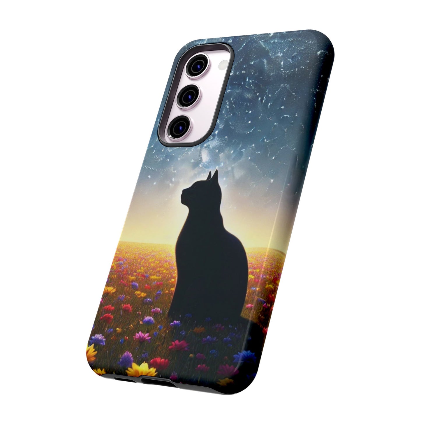 Cat Silhouette Phone Case | Floral Night Sky Design | Unique Gift, Cat Lover, Nature Lover, Birthday, Handmade