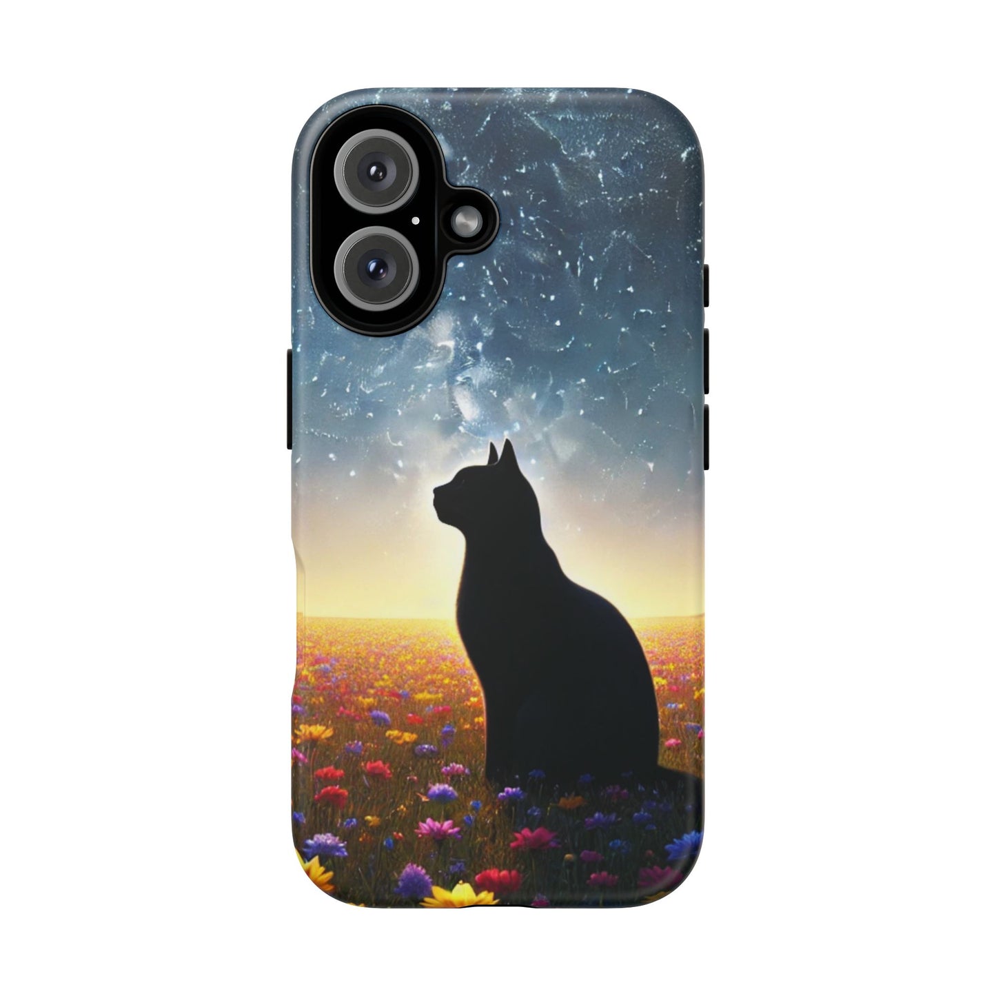 Cat Silhouette Phone Case | Floral Night Sky Design | Unique Gift, Cat Lover, Nature Lover, Birthday, Handmade