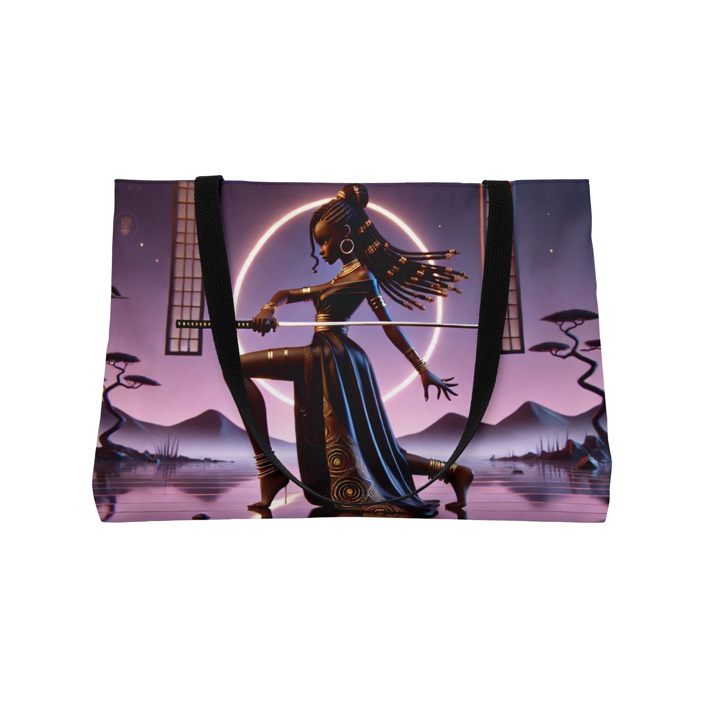 Customizable Samurai Girl Illustration Weekender Tote Bag | Neon Japanese Landscape