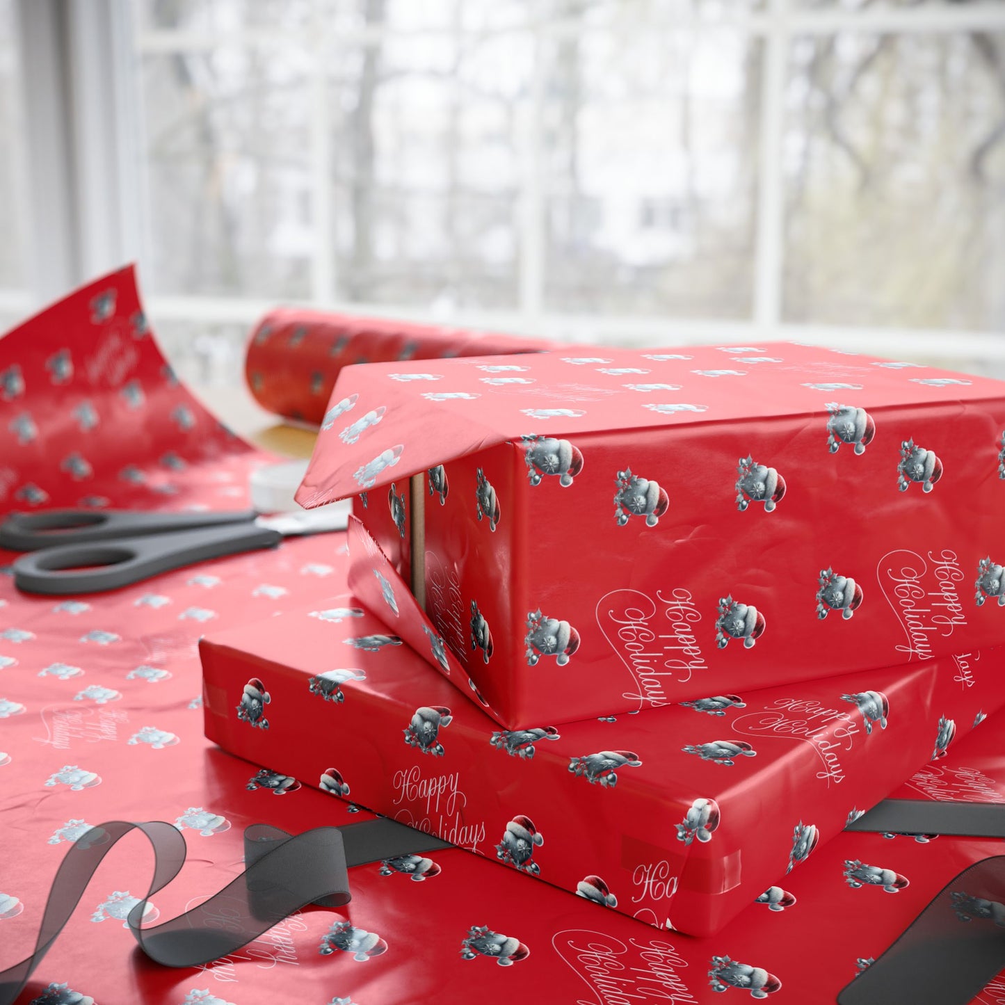 Festive Wrapping Paper Roll - Red with Holiday Patterns