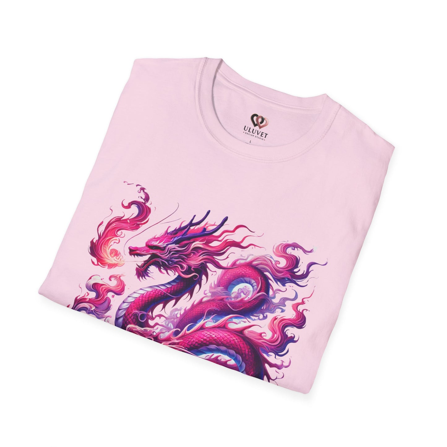 Pink Dragon Unisex Softstyle T-Shirt, Dragon Lover Tee, Mythical Creature Shirt, Fantasy Graphic Top, Cute Magical Animal Apparel
