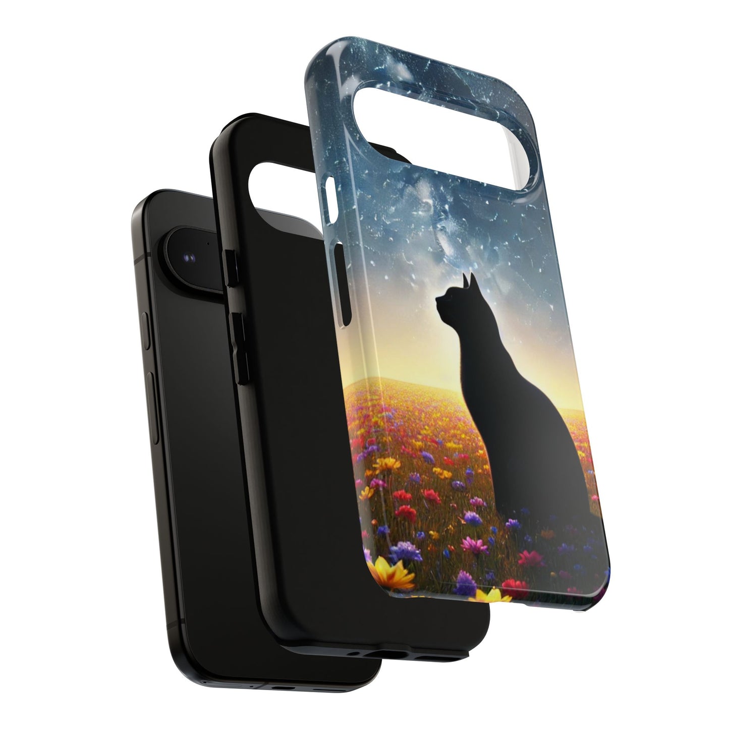 Cat Silhouette Phone Case | Floral Night Sky Design | Unique Gift, Cat Lover, Nature Lover, Birthday, Handmade
