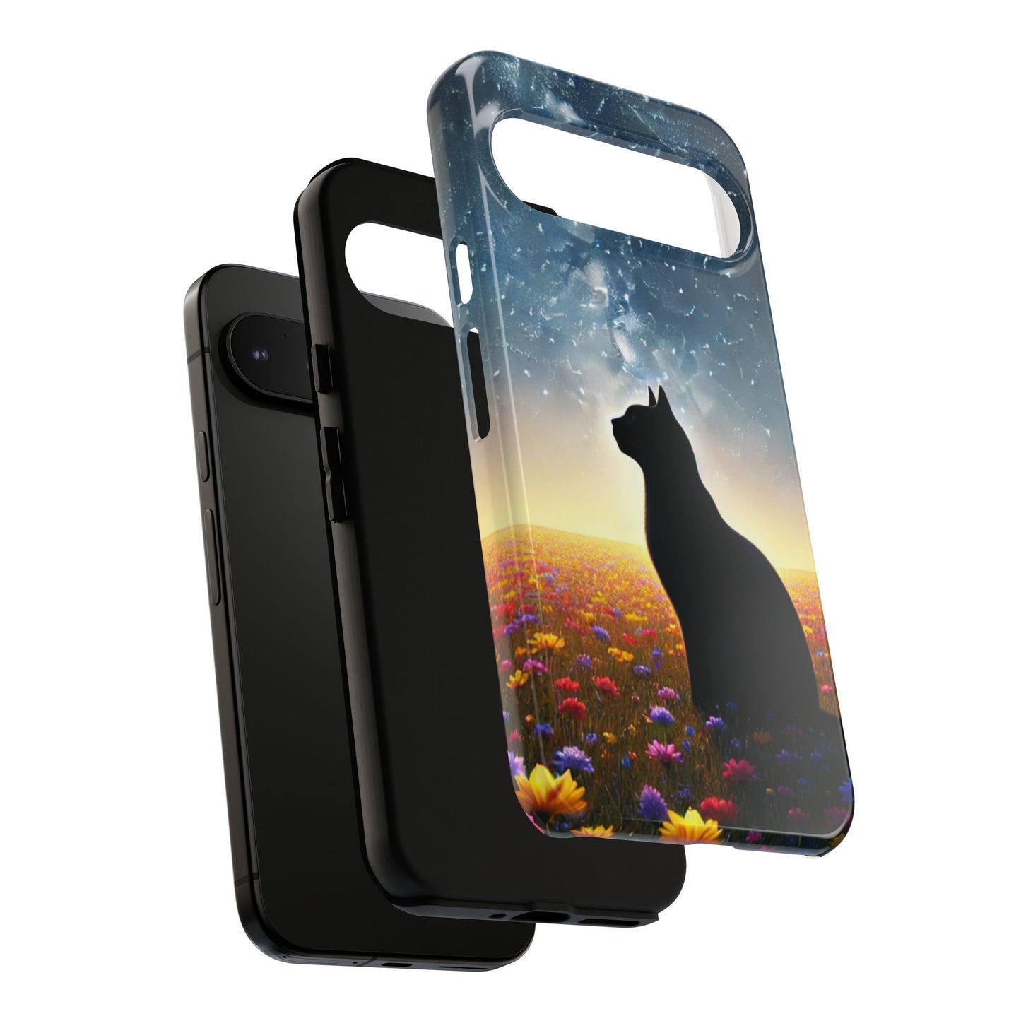 Cat Silhouette Phone Case | Floral Night Sky Design | Unique Gift, Cat Lover, Nature Lover, Birthday, Handmade