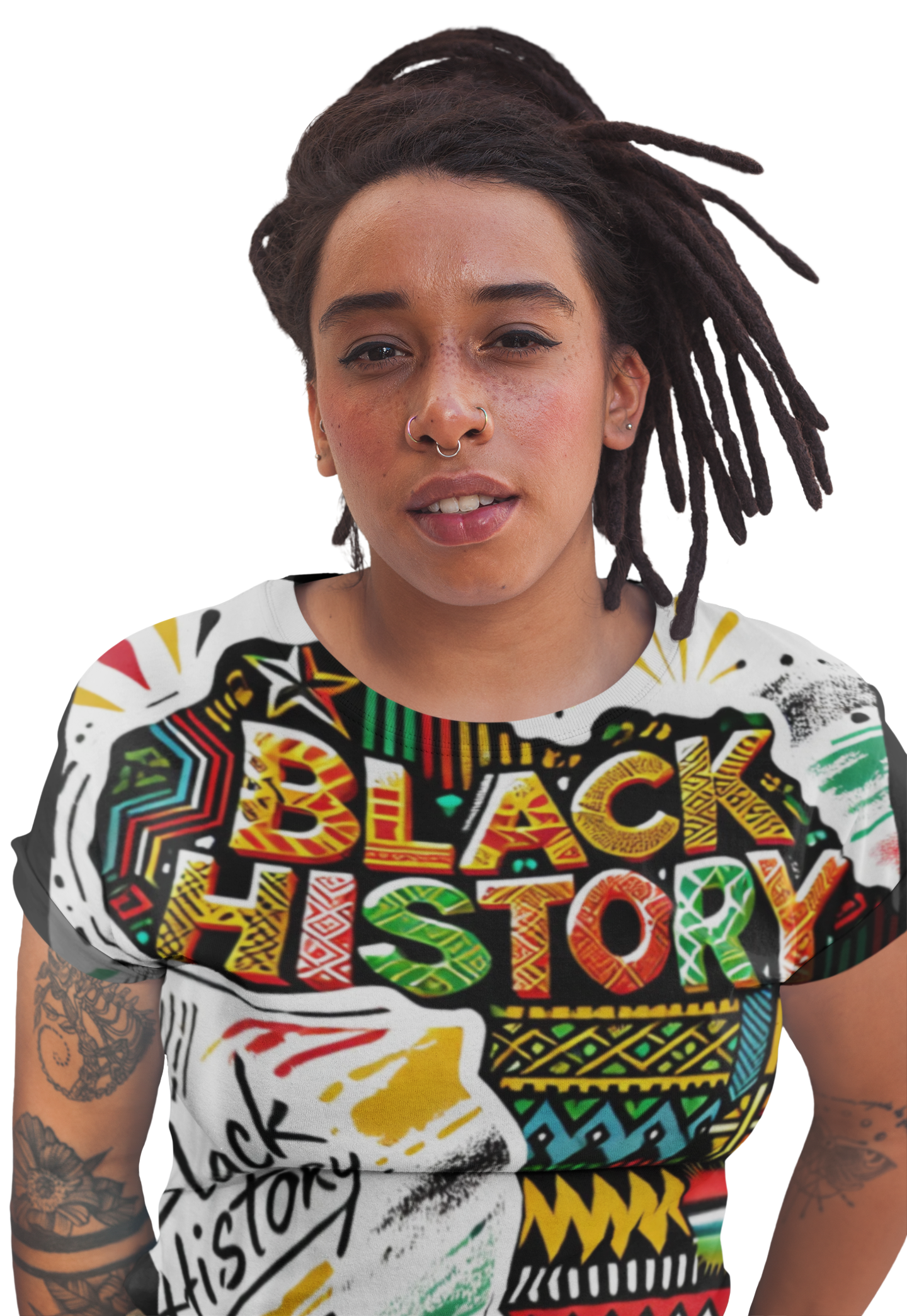 Black History All-Over Print Tee — Bold Afrocentric Pattern & "Black History" Design