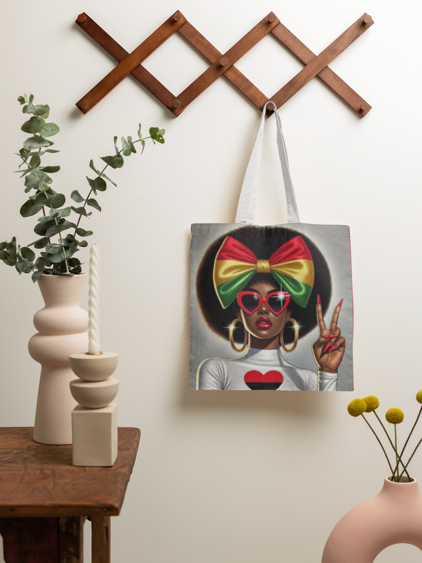 Afro Girl with Rasta Bow Tote Bag | Black Woman Illustration, Peace Sign