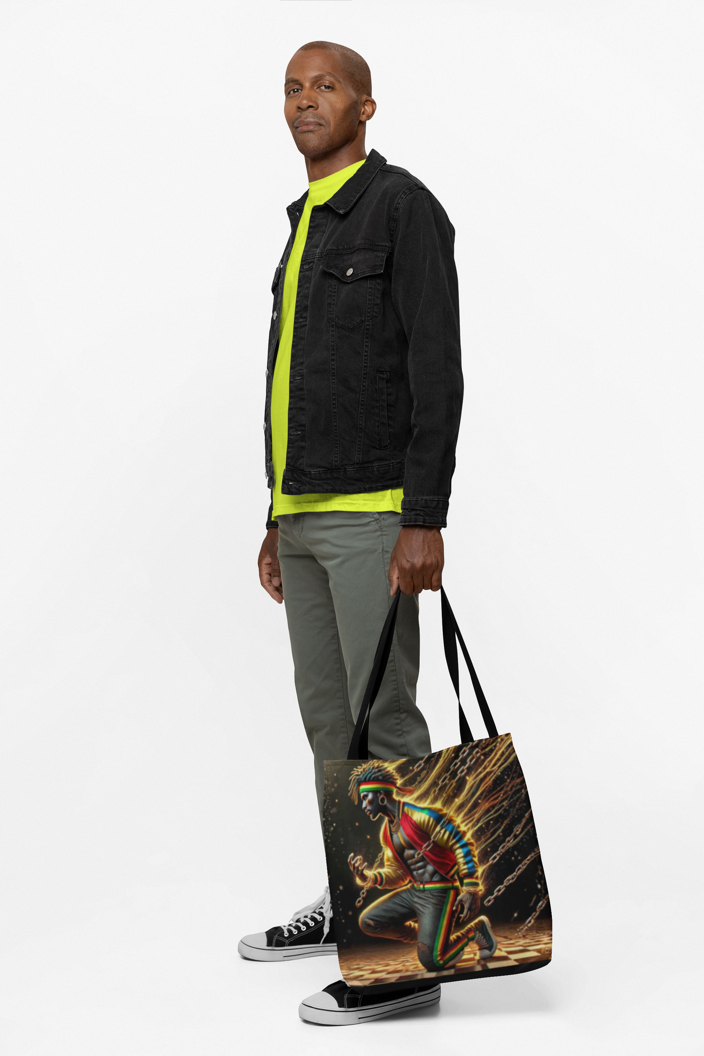 Kneeling Figure with Chains Tote Bag | Neon Retro Street Art