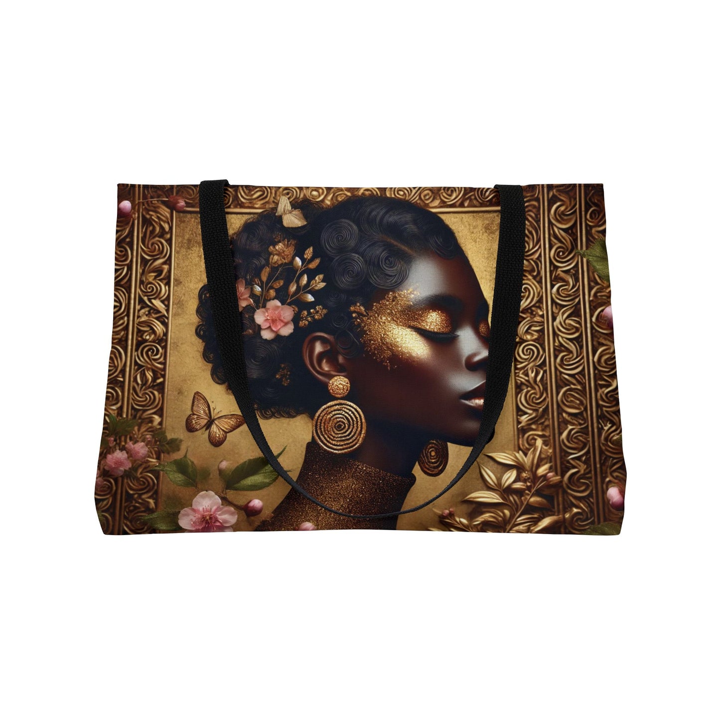 Afrocentric Profile Art Weekender Tote Bag | Floral Gold Portrait