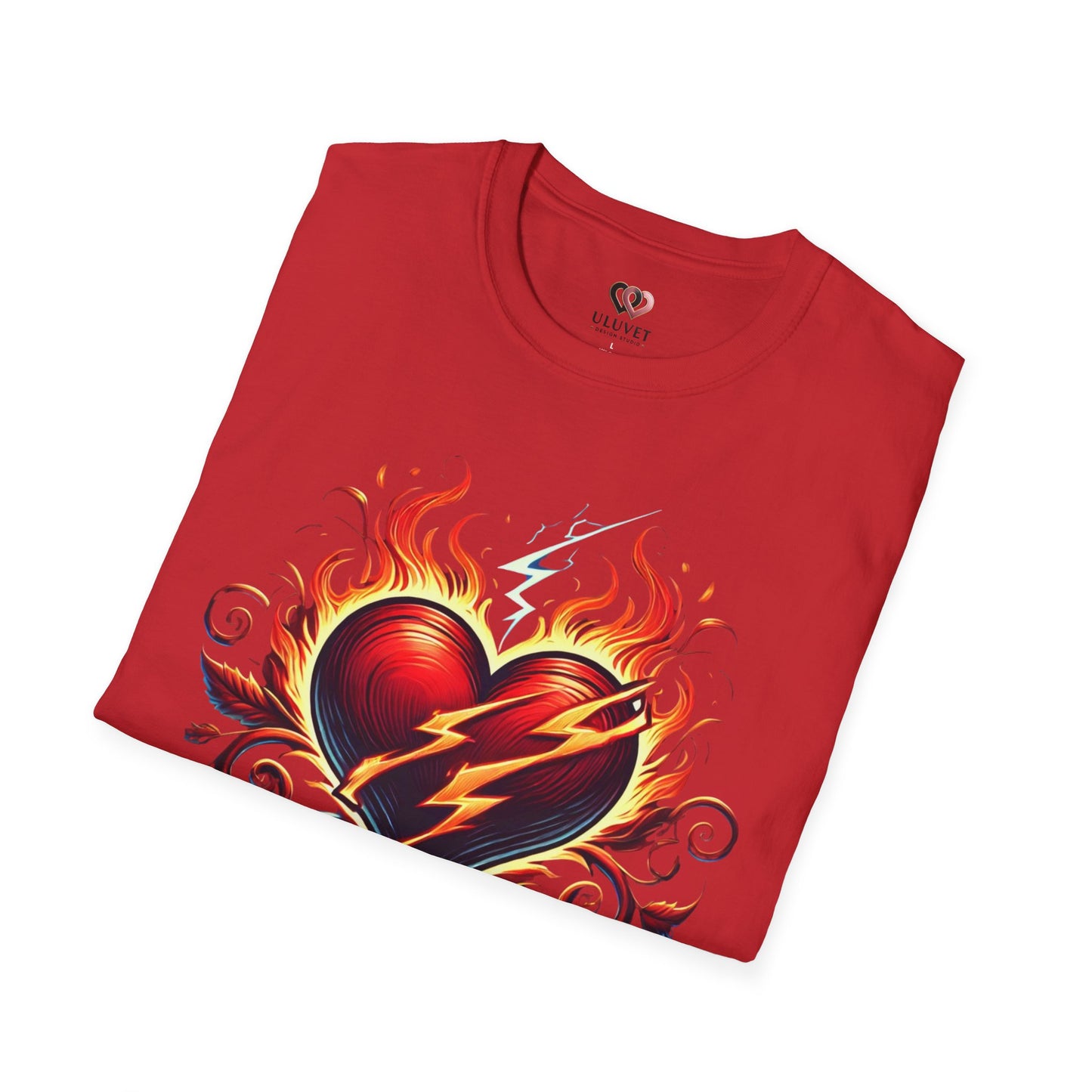 Flaming Heart Unisex Softstyle T-Shirt – Vintage Rock Tee, Gift for Him, Graphic Shirt, Festival Outfit, Casual Wear