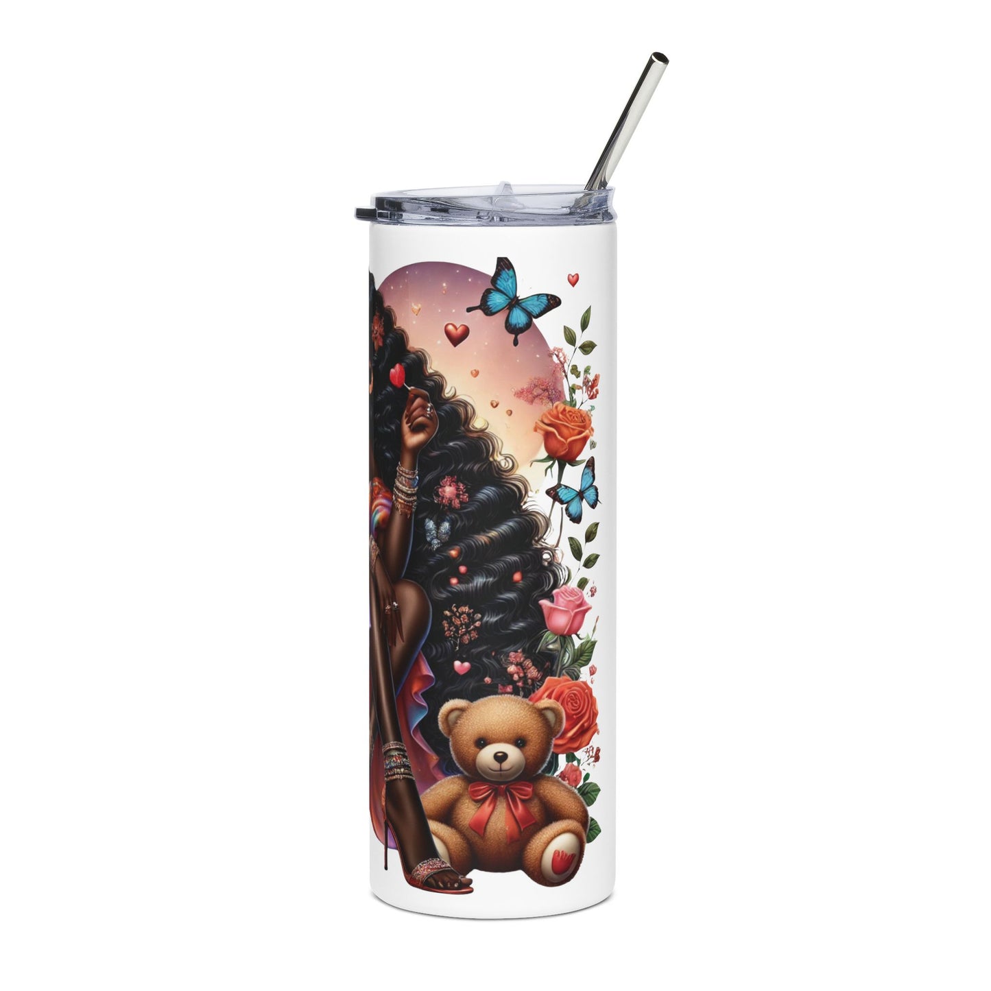 20oz Stainless Tumbler – Black Queen Art with Roses & 'I Love You' Heart