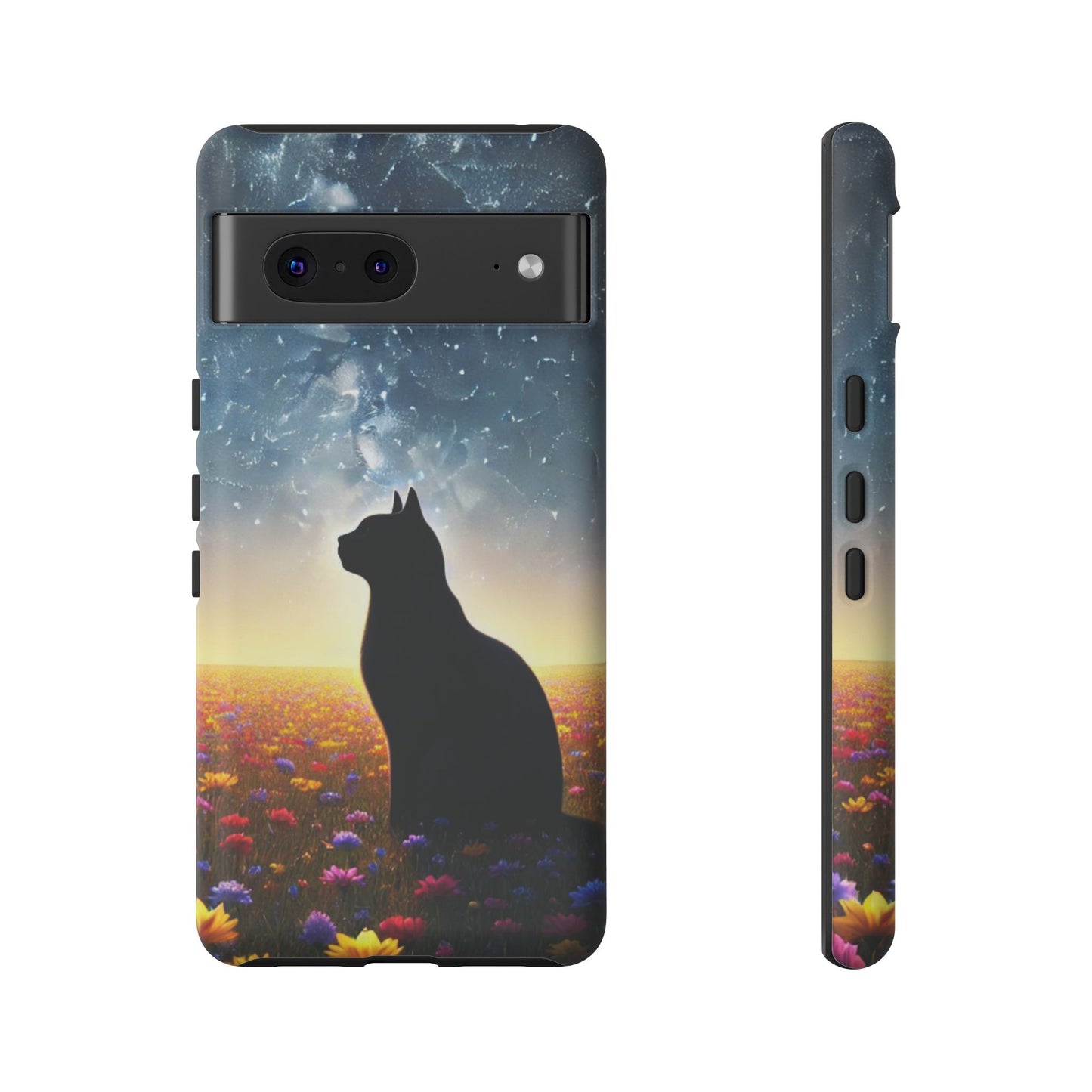 Cat Silhouette Phone Case | Floral Night Sky Design | Unique Gift, Cat Lover, Nature Lover, Birthday, Handmade