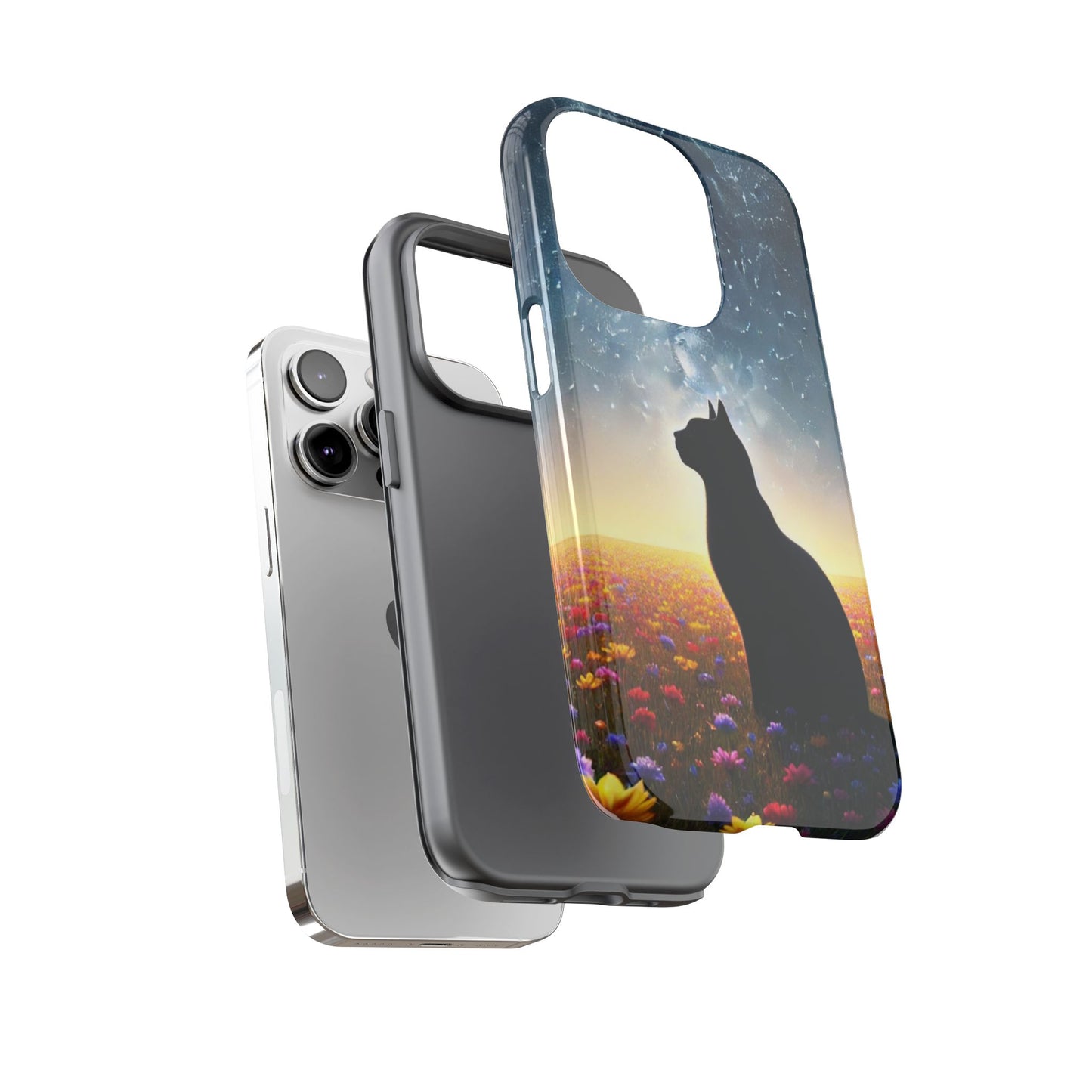Cat Silhouette Phone Case | Floral Night Sky Design | Unique Gift, Cat Lover, Nature Lover, Birthday, Handmade