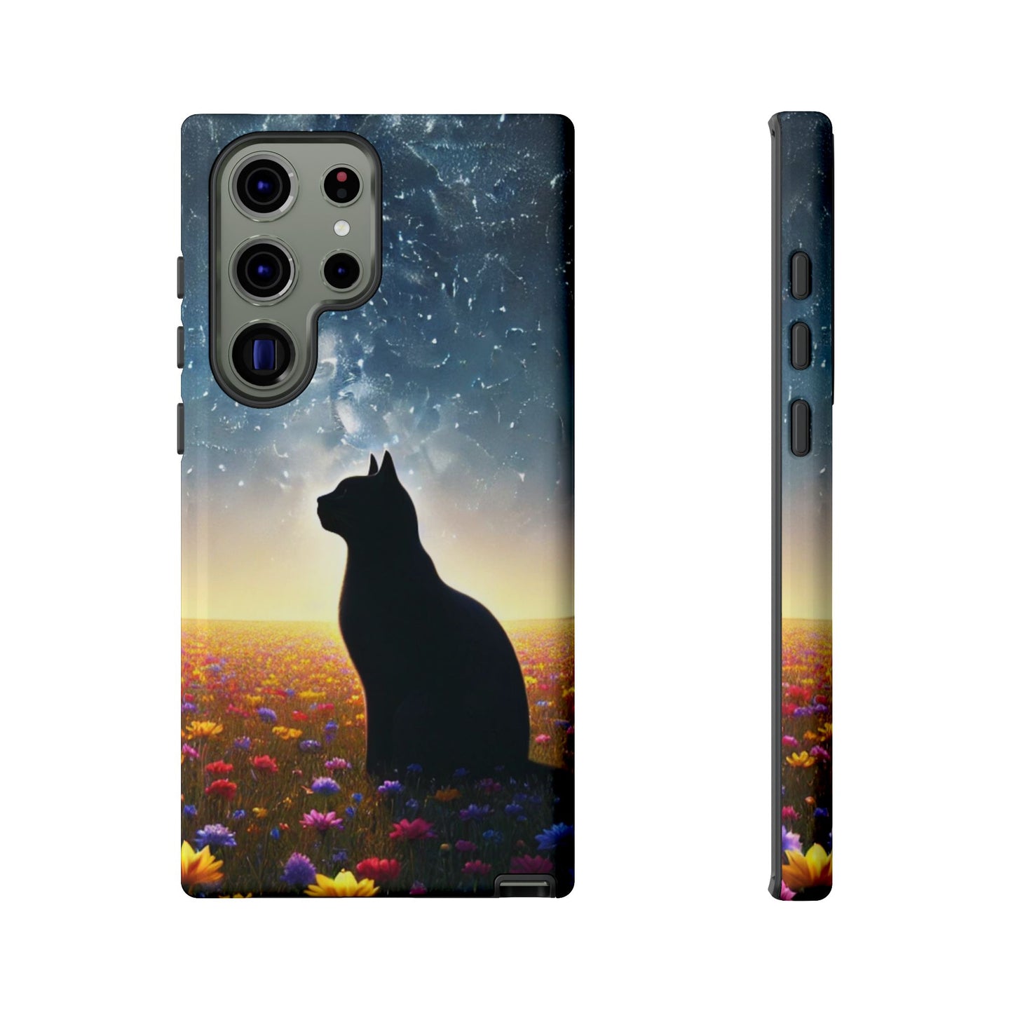 Cat Silhouette Phone Case | Floral Night Sky Design | Unique Gift, Cat Lover, Nature Lover, Birthday, Handmade
