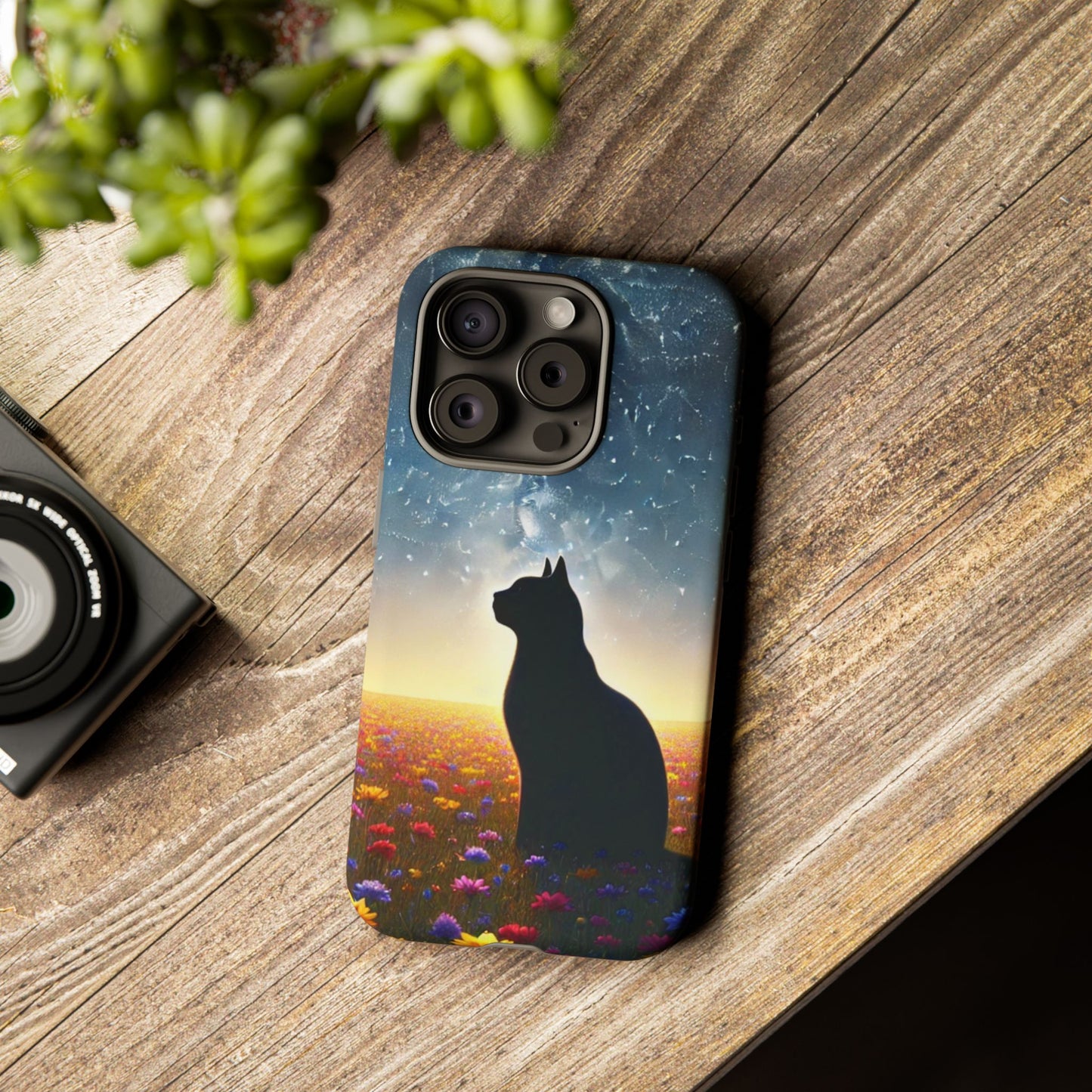 Cat Silhouette Phone Case | Floral Night Sky Design | Unique Gift, Cat Lover, Nature Lover, Birthday, Handmade