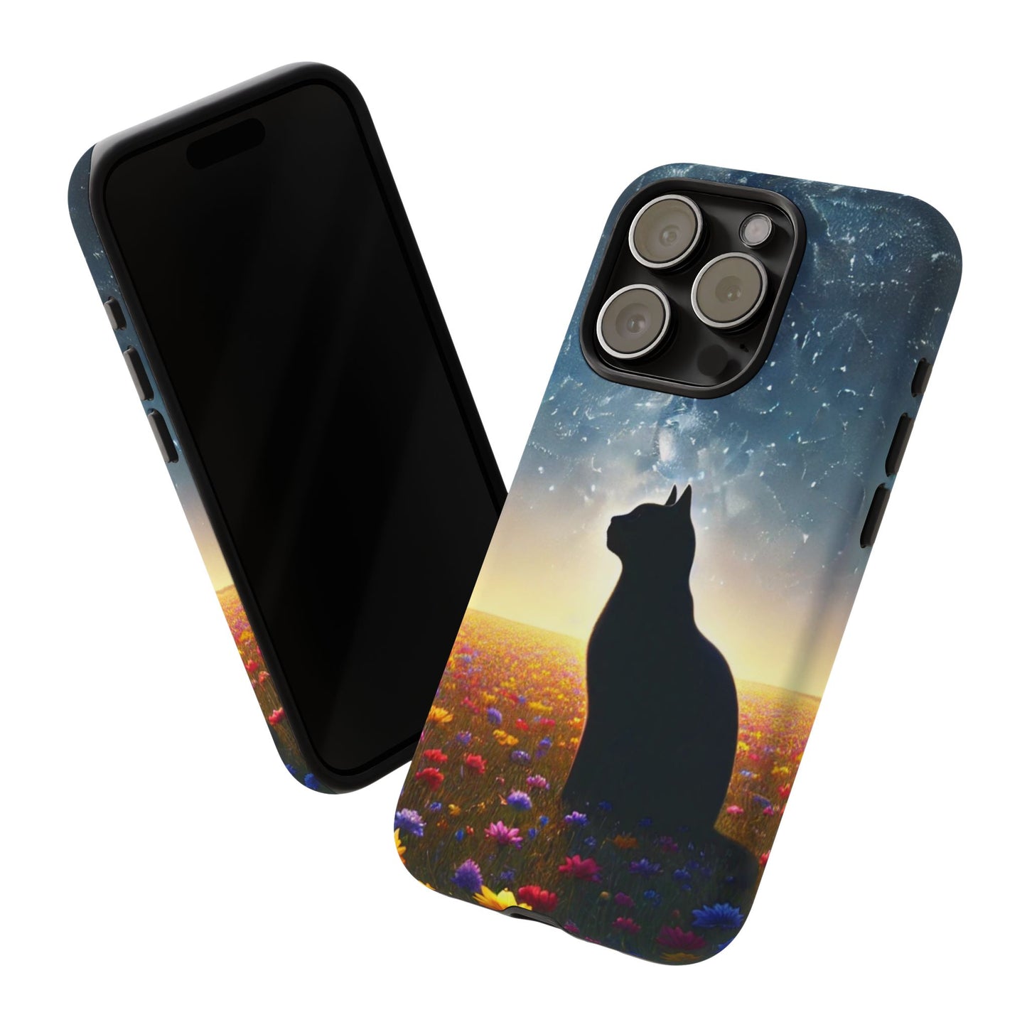 Cat Silhouette Phone Case | Floral Night Sky Design | Unique Gift, Cat Lover, Nature Lover, Birthday, Handmade