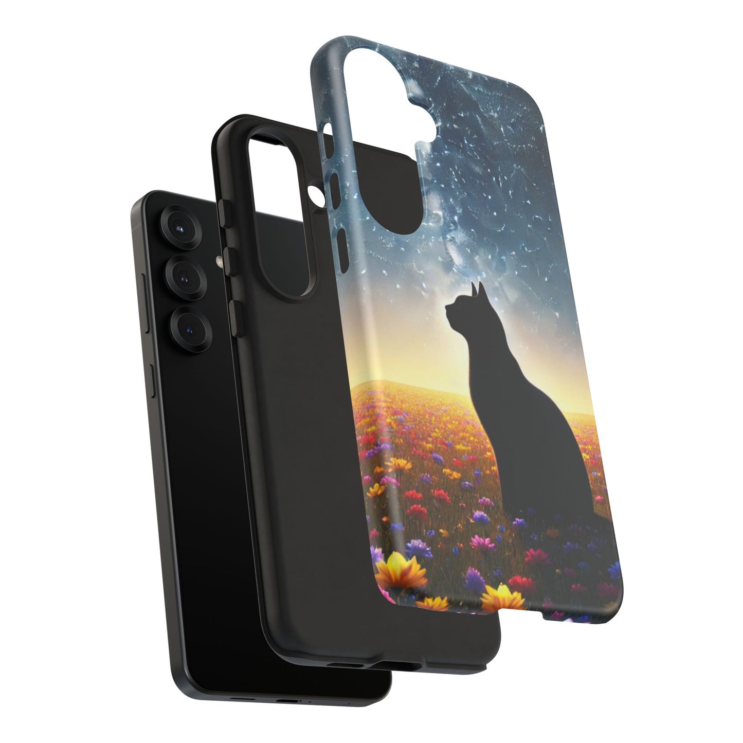 Cat Silhouette Phone Case | Floral Night Sky Design | Unique Gift, Cat Lover, Nature Lover, Birthday, Handmade