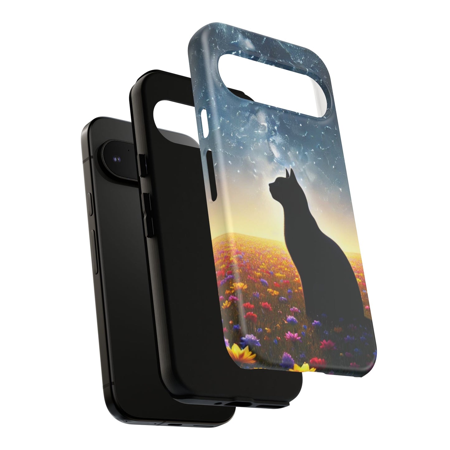Cat Silhouette Phone Case | Floral Night Sky Design | Unique Gift, Cat Lover, Nature Lover, Birthday, Handmade